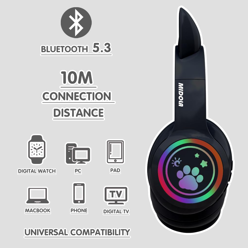 Foto 4 pulgar | Auriculares Midola Cat Ear Bluetooth 5.3 Inalámbricos 60h Negros - Venta Internacional.