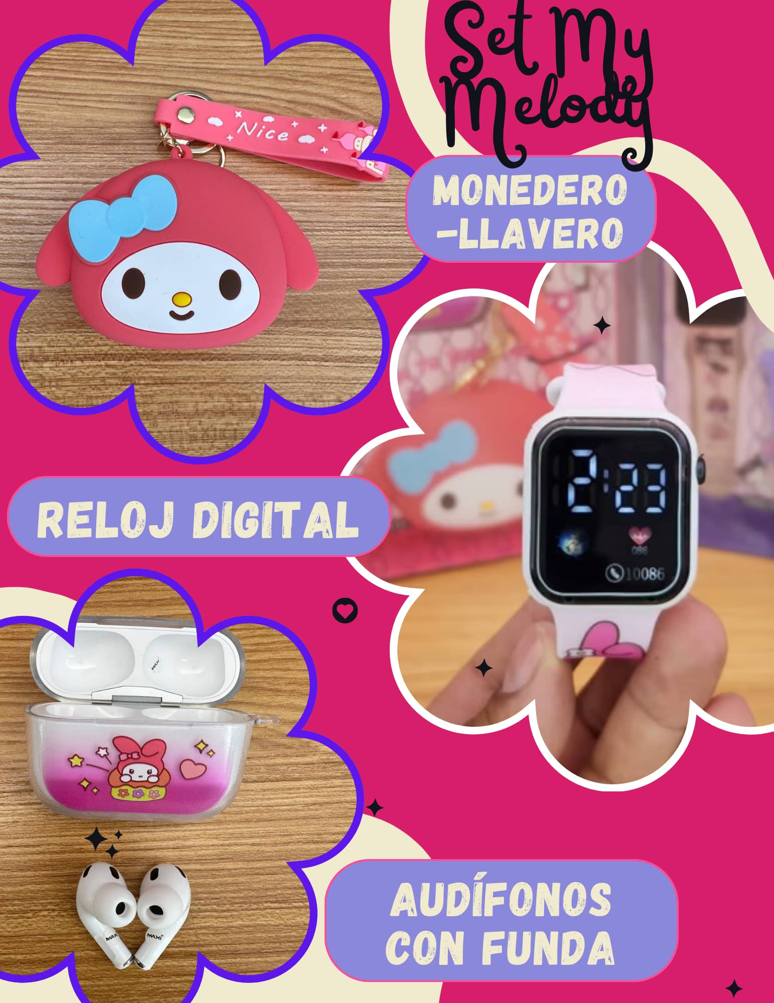 Foto 3 pulgar | Set My Melody -audifonos Con Funda, Llavero Y Reloj Para Niños