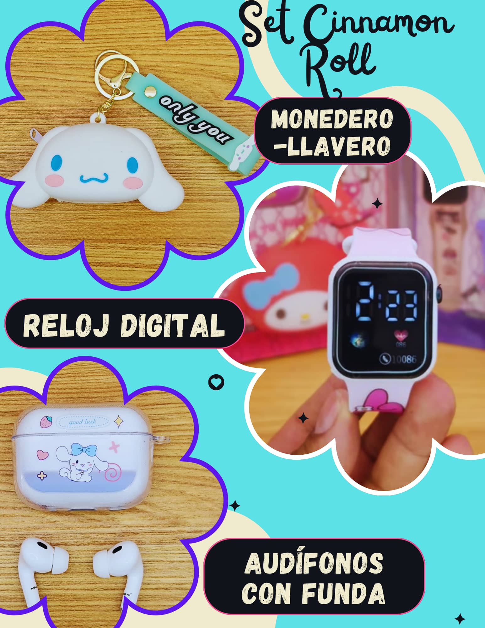 Foto 3 pulgar | Set Cinnamon Roll -audifonos Con Funda, Llavero Y Reloj Para Niños