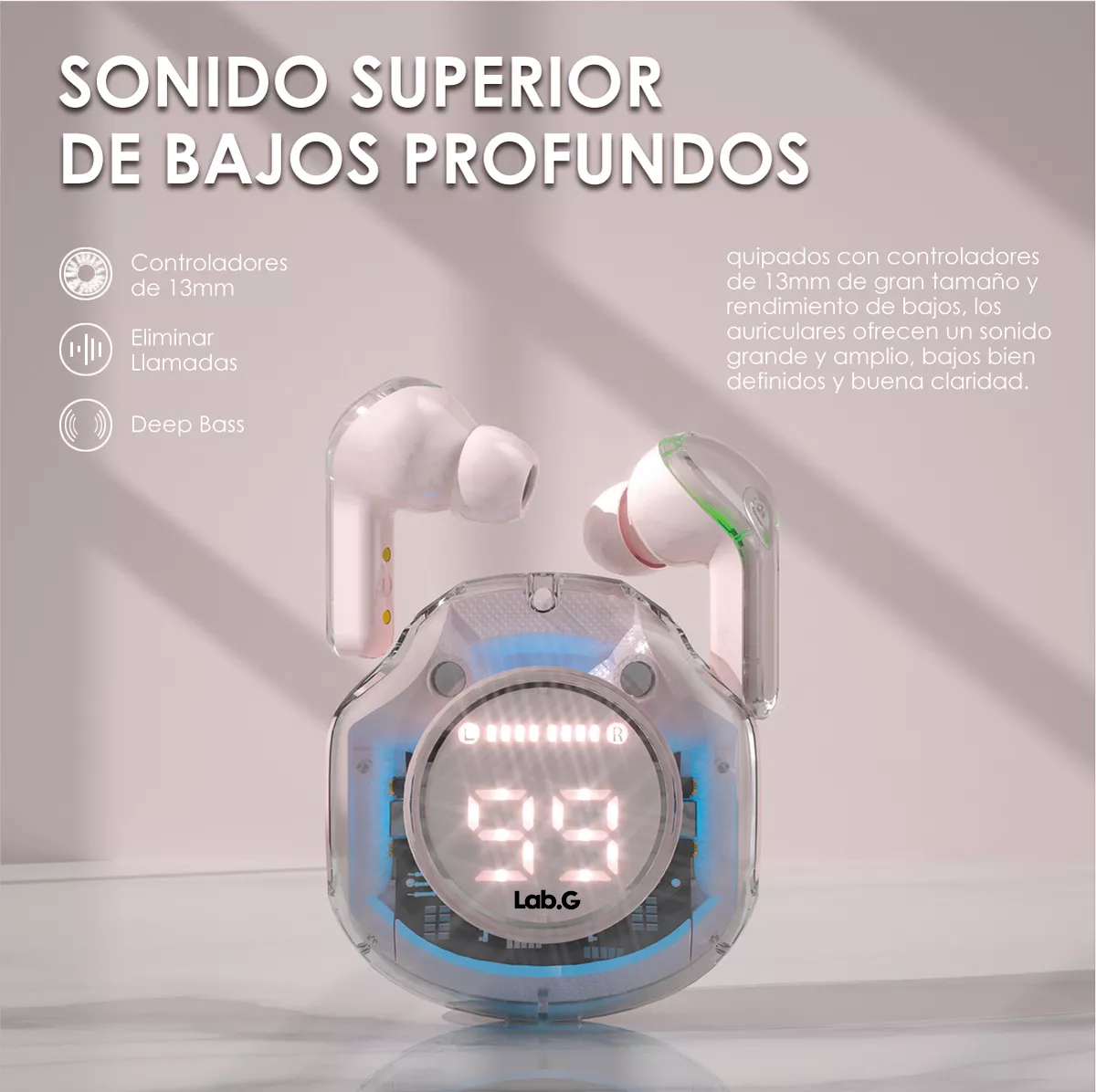 Foto 3 | Audifonos Bluetooth Lab.g Con Luz Rgb Para Iphone Android Rosa Transparente