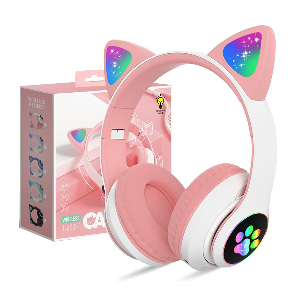 Audífonos Inalámbricos Rosa con Diseño de Orejas de Gato