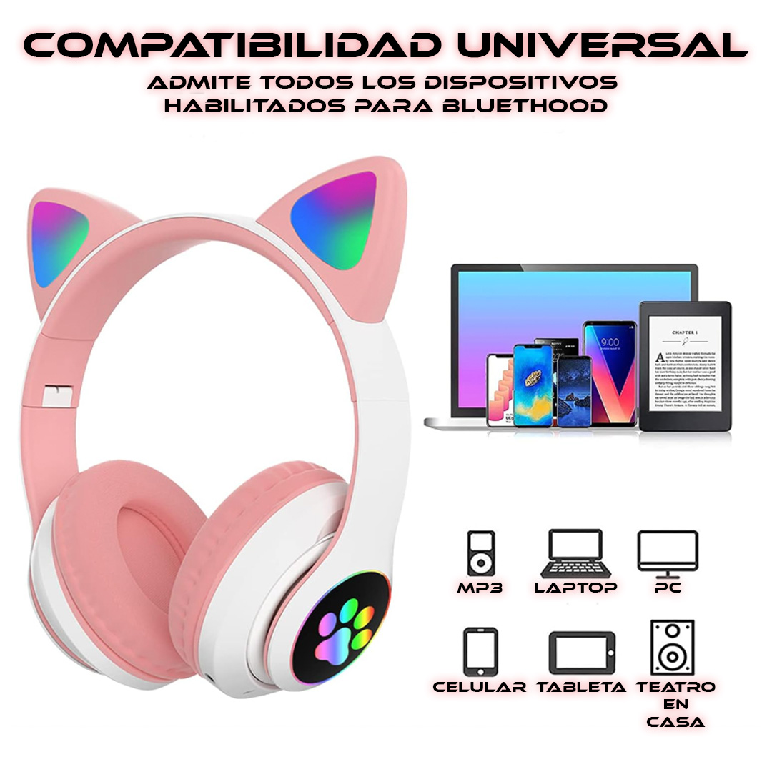 Foto 3 pulgar | Audífonos Inalámbricos Rosa con Diseño de Orejas de Gato