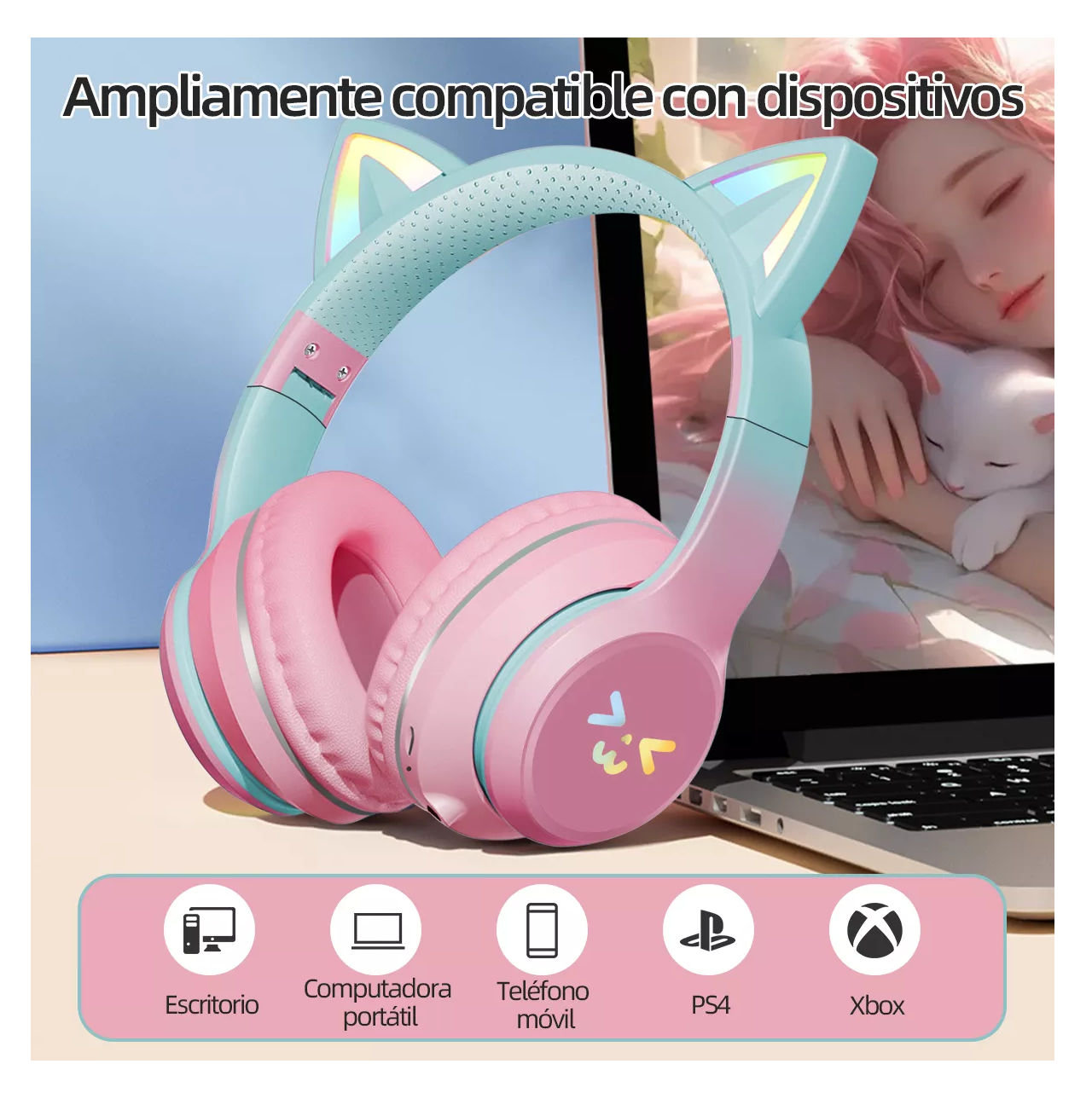 Foto 3 pulgar | Audifonos Orejas De Gato Bluetooths Inalambricos Diadema Niños, Rosa