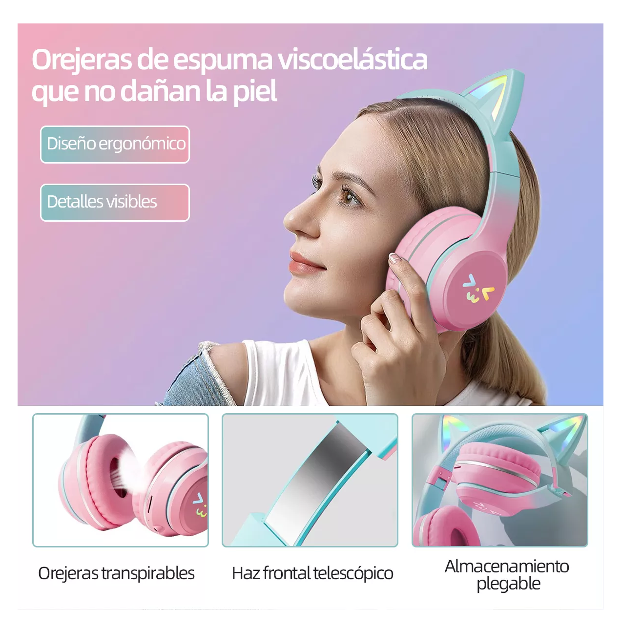 Foto 4 pulgar | Audifonos Orejas De Gato Bluetooths Inalambricos Diadema Niños, Rosa