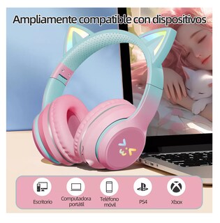 Foto 2 | Audifonos Orejas De Gato Bluetooths Inalambricos Diadema Niños, Rosa