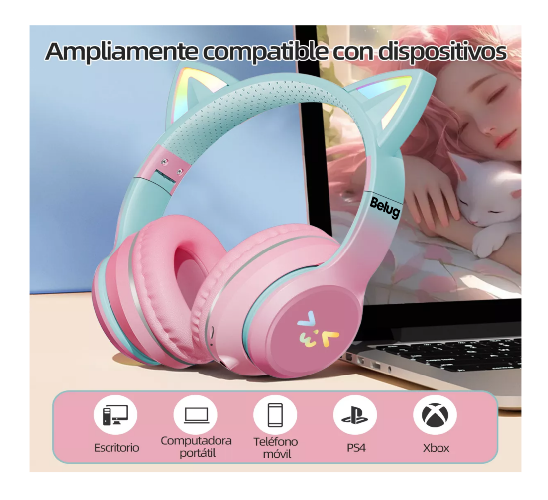 Foto 4 pulgar | Audífonos Orejas De Gato Bluetooths Belug, Inalámbricos Diadema Niños, Rosa
