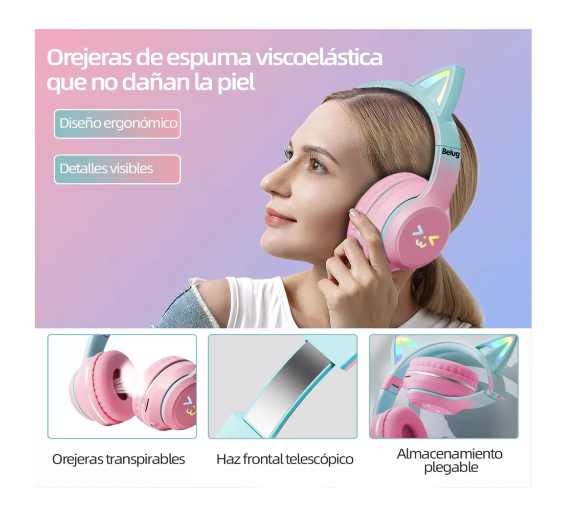 Foto 5 pulgar | Audífonos Orejas De Gato Bluetooths Belug, Inalámbricos Diadema Niños, Rosa