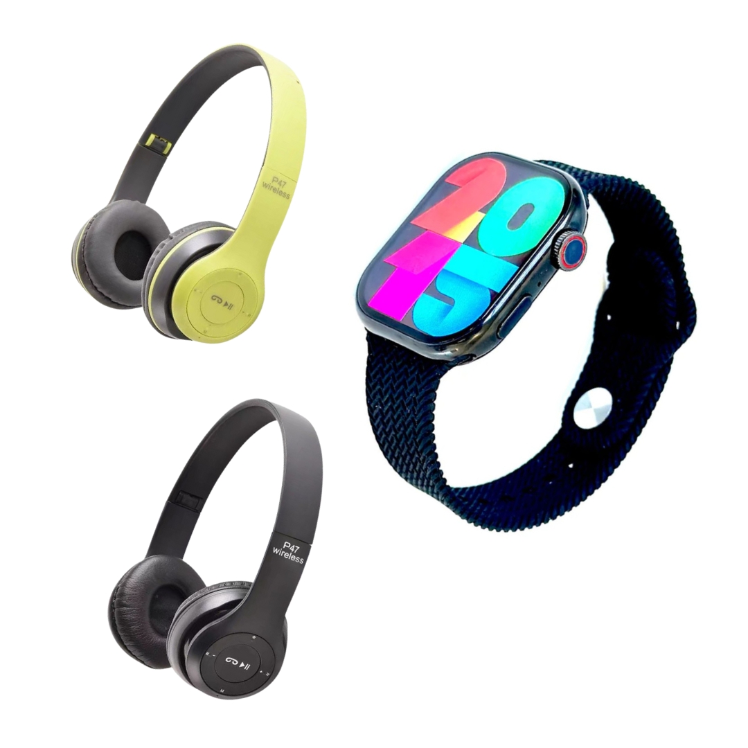 Combo SmartWatch Jw9 Negro con Audífonos P47 Negro + Audífonos P47 Verde