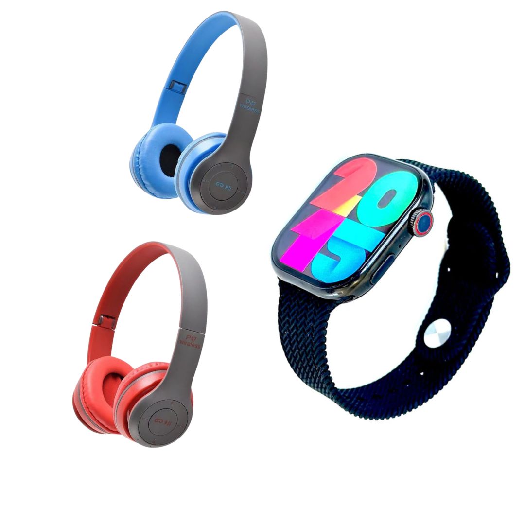 Combo SmartWatch Jw9 Negro con  Audífonos P47 Rojo + Audifonos P47 Azul
