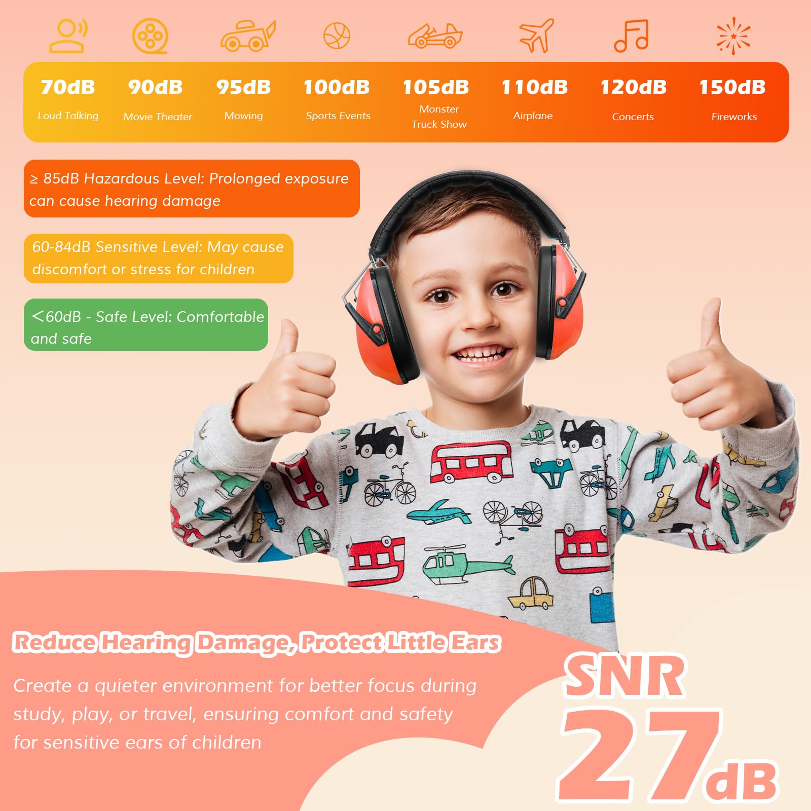 Foto 4 | Auriculares Con Cancelación De Ruido Procase Para Niños Pequeños, Color Naranja - Venta Internacional.