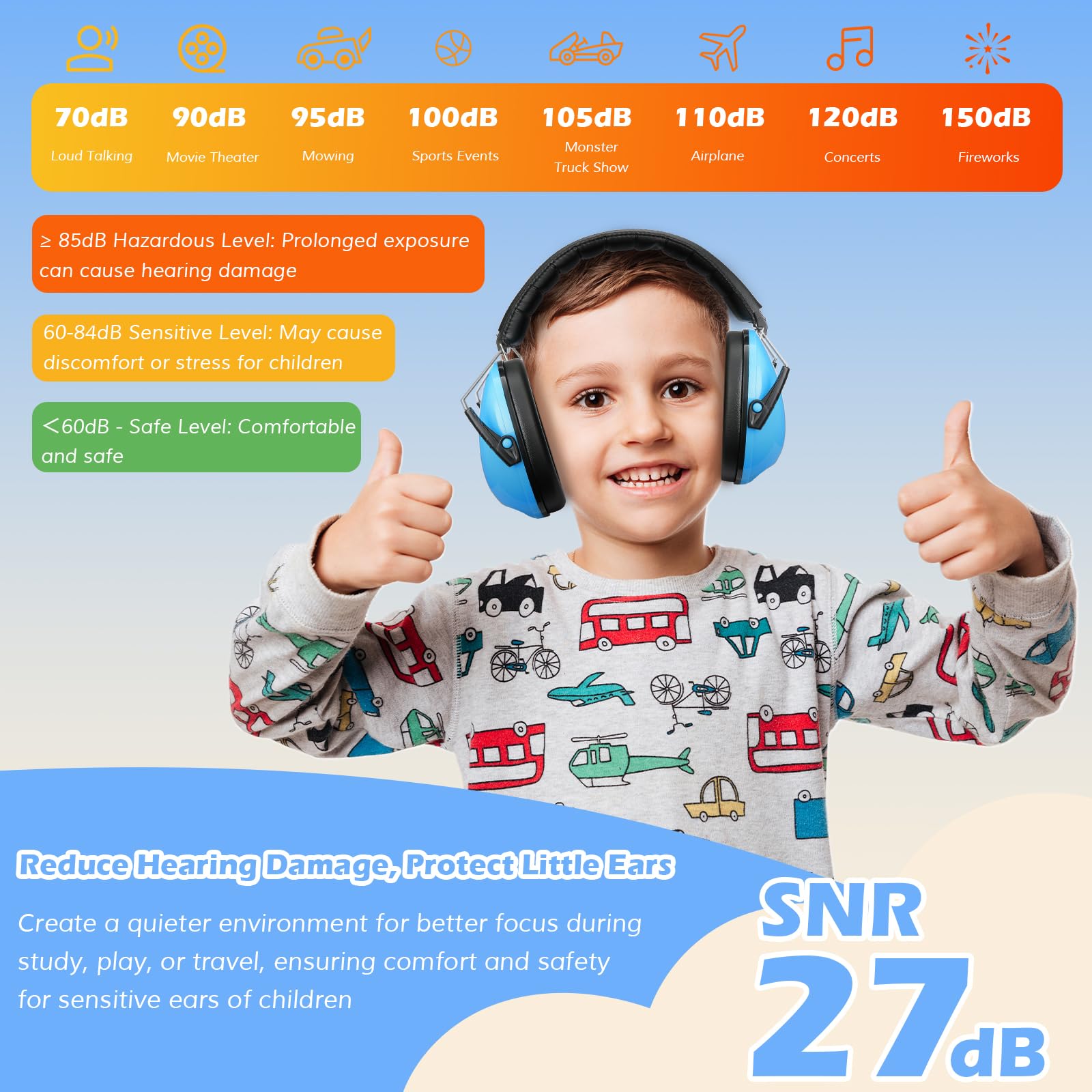 Foto 5 pulgar | Auriculares Con Cancelación De Ruido Procase Para Niños Pequeños, Azules - Venta Internacional.