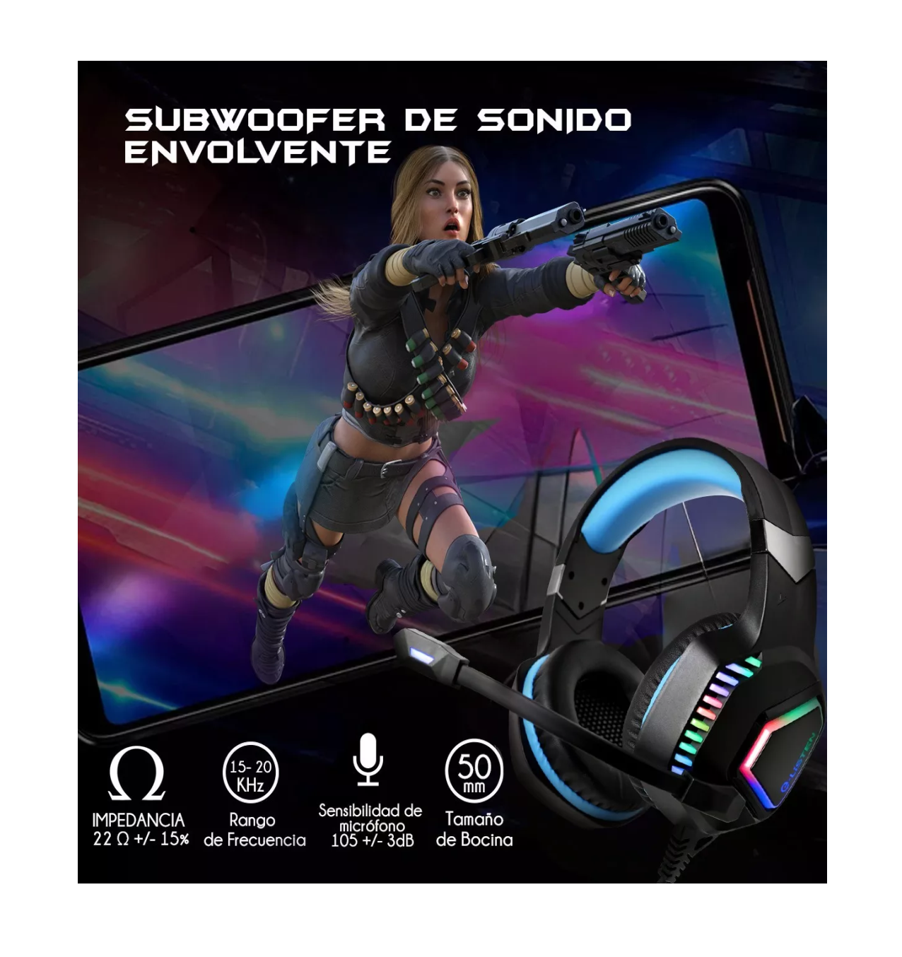 Foto 4 pulgar | Audífonos Gamer Alámbricos Diadema Con Juegos Mic Negro/luz Azul