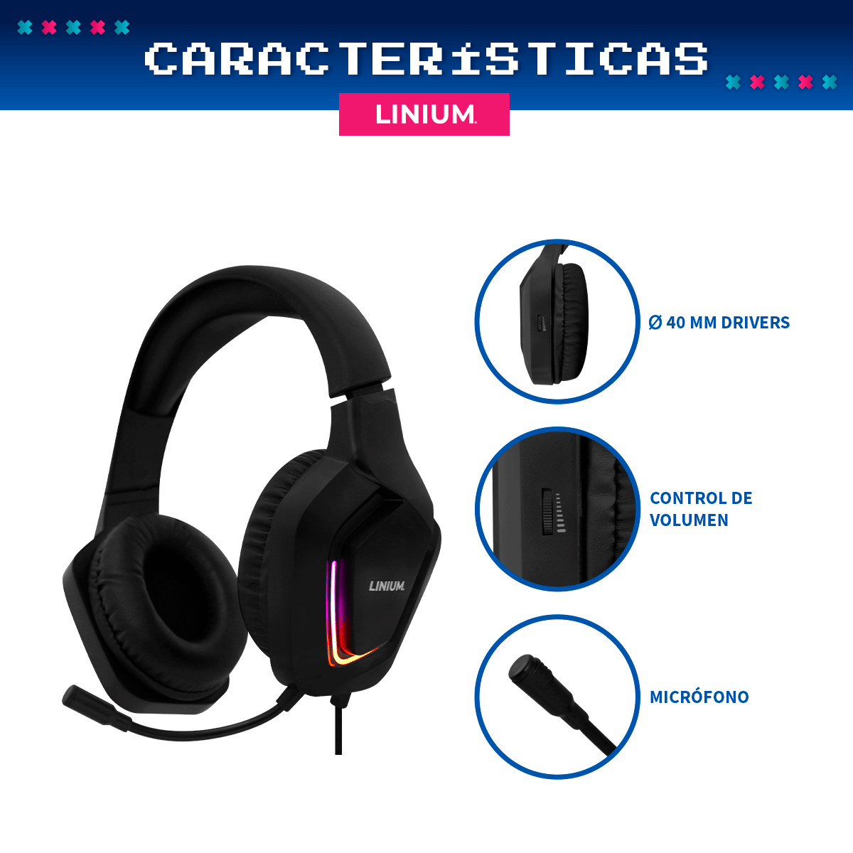 Foto 7 pulgar | Audífonos Diadema Gamer Microfono Luz Led Linium Color Negro