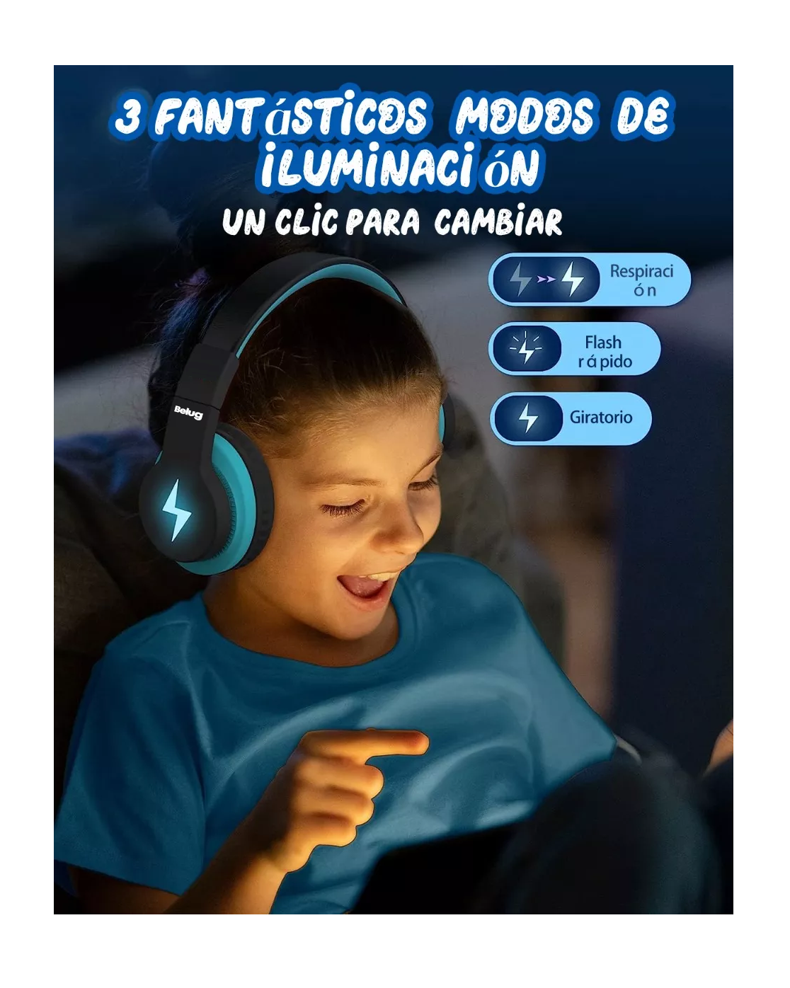 Foto 3 pulgar | Auriculares Bluetooth Diadema Inalámbricos 45 H Para Niños Negro Azul Belug