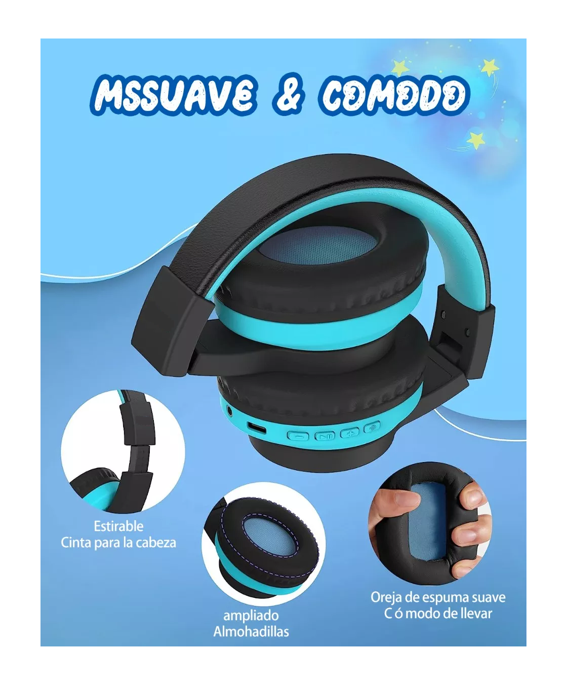 Foto 4 pulgar | Auriculares Bluetooth Diadema Inalámbricos 45 H Para Niños Negro Azul Belug