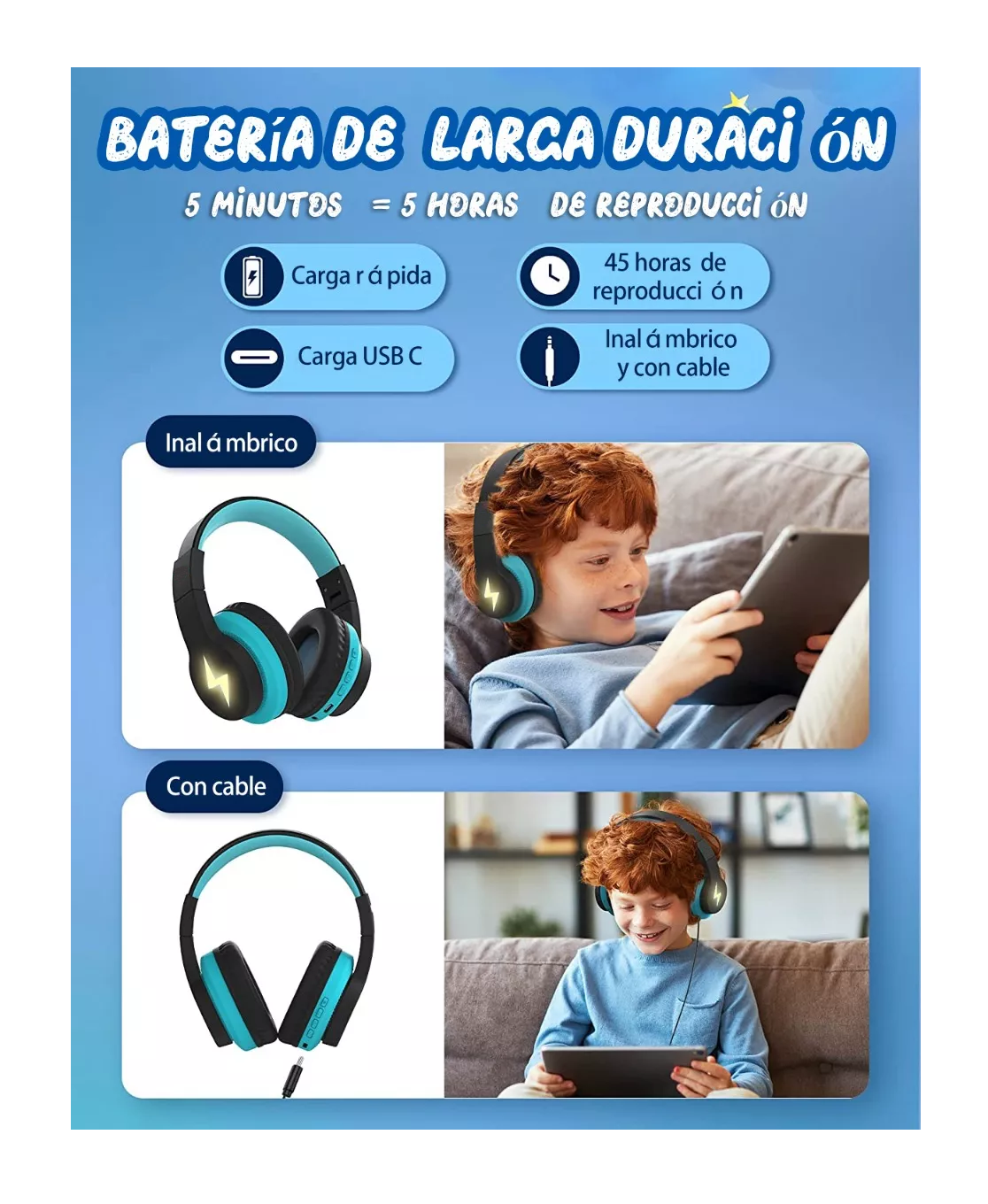 Foto 4 | Auriculares Bluetooth Lab.g Diadema Inalámbricos 45 H Para Niños Negro Azul