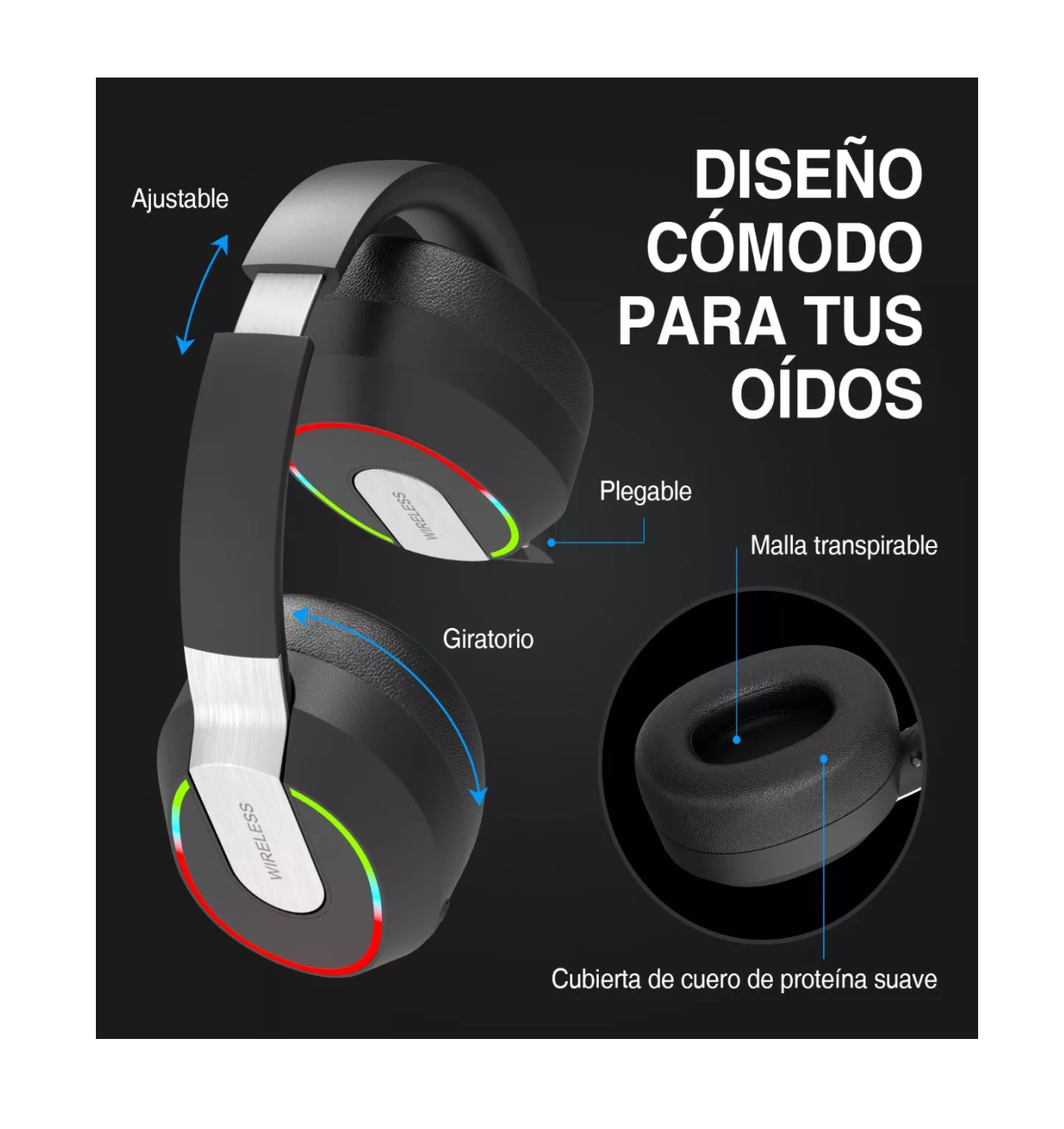 Foto 4 pulgar | Audífonos Inalámbrico Diadema Bluetooth Plegable Con Rgb Luz Negro