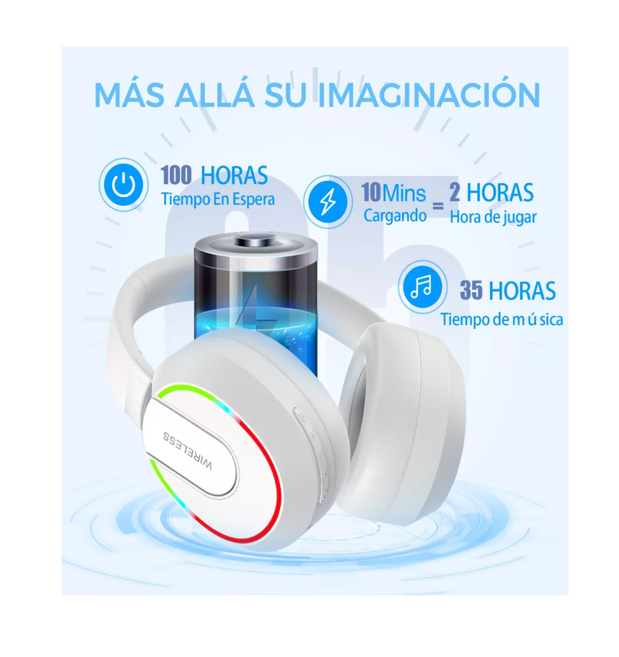 Foto 3 pulgar | Audífonos Inalámbrico Bluetooth Diadema Plegable Con Rgb Luz Blanco