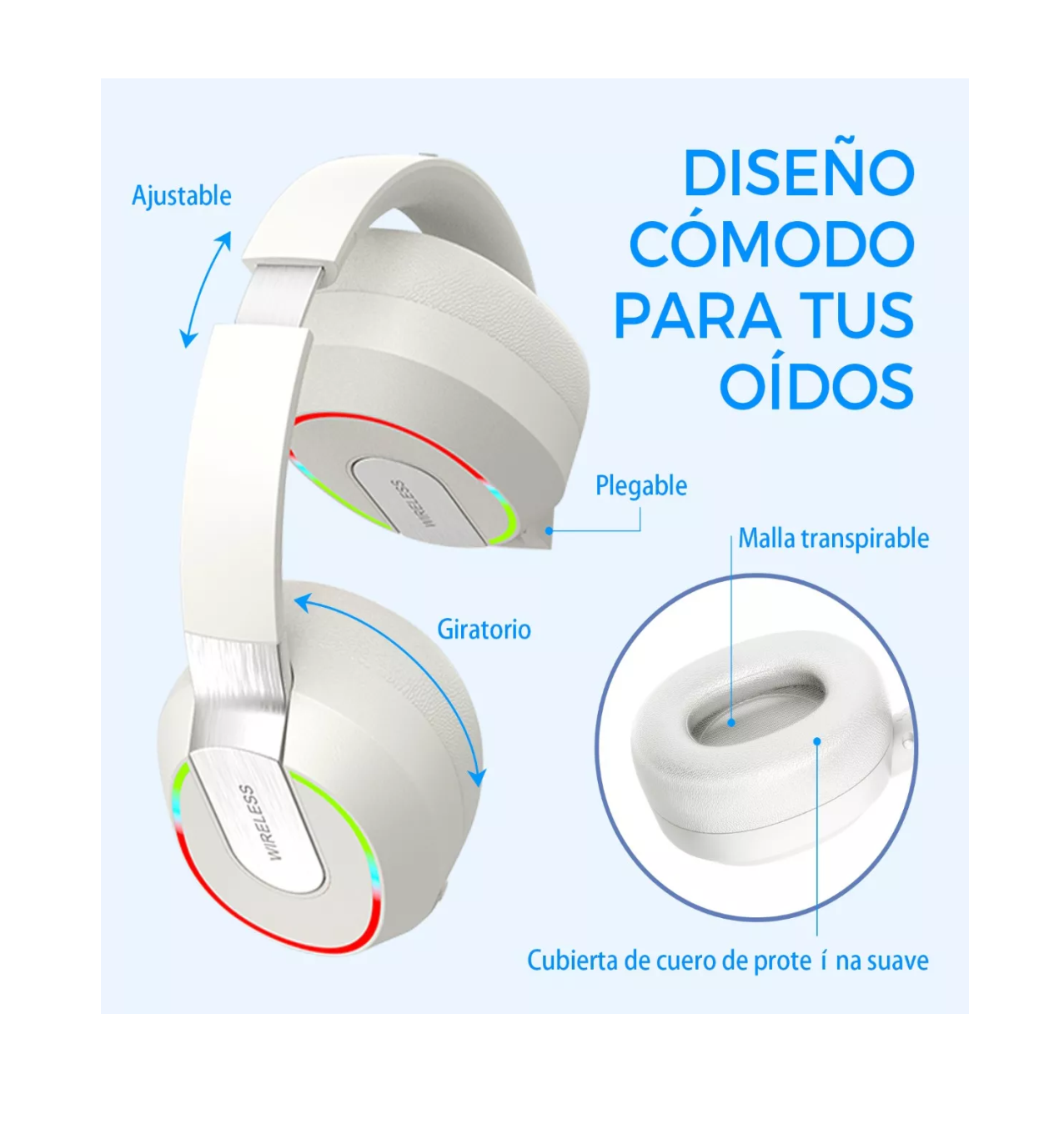 Foto 4 pulgar | Audífonos Inalámbrico Bluetooth Diadema Plegable Con Rgb Luz Blanco