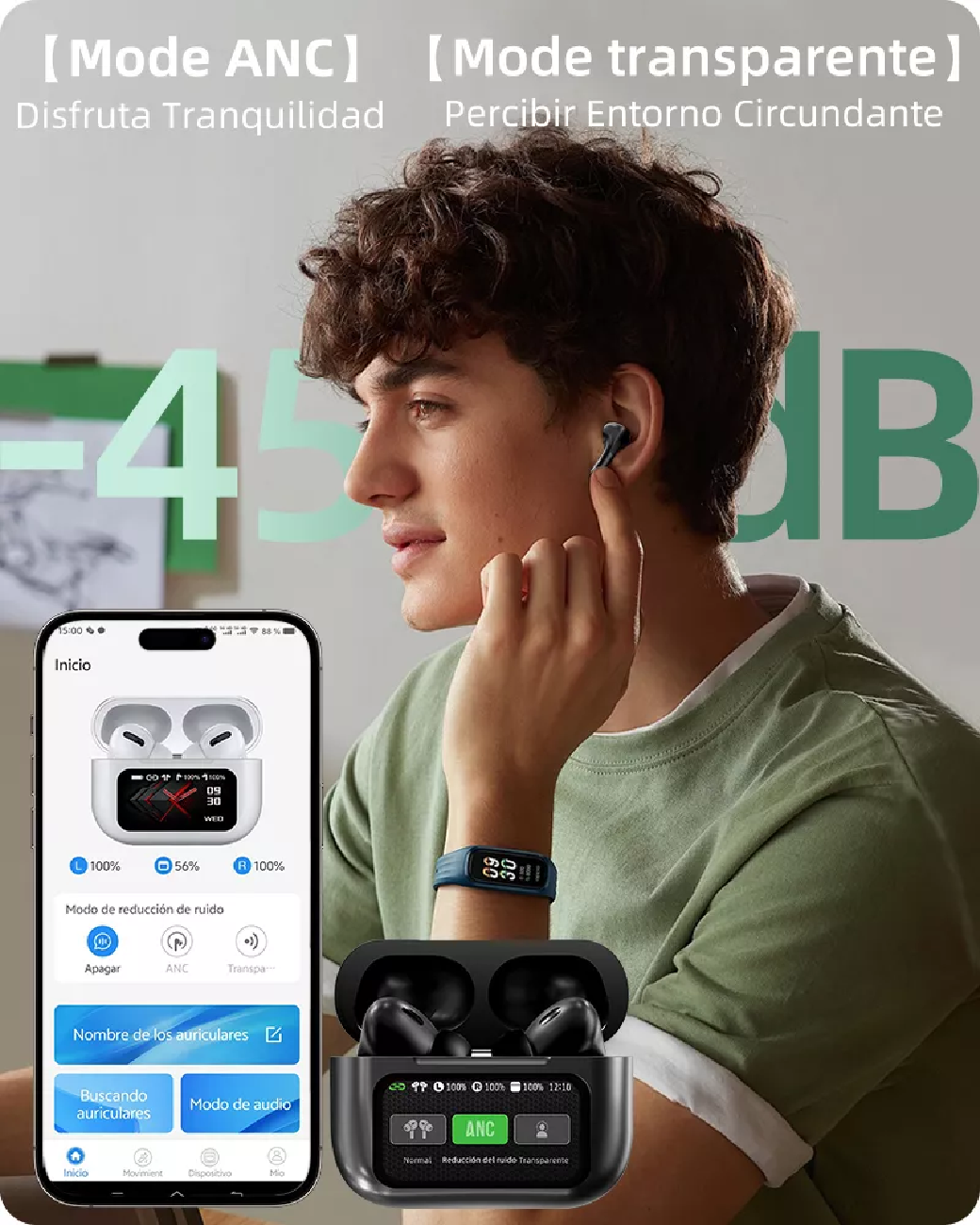 Foto 4 pulgar | Smart Pantalla Audífonos Bluetooth 5.4 Anc Auriculares App Negro