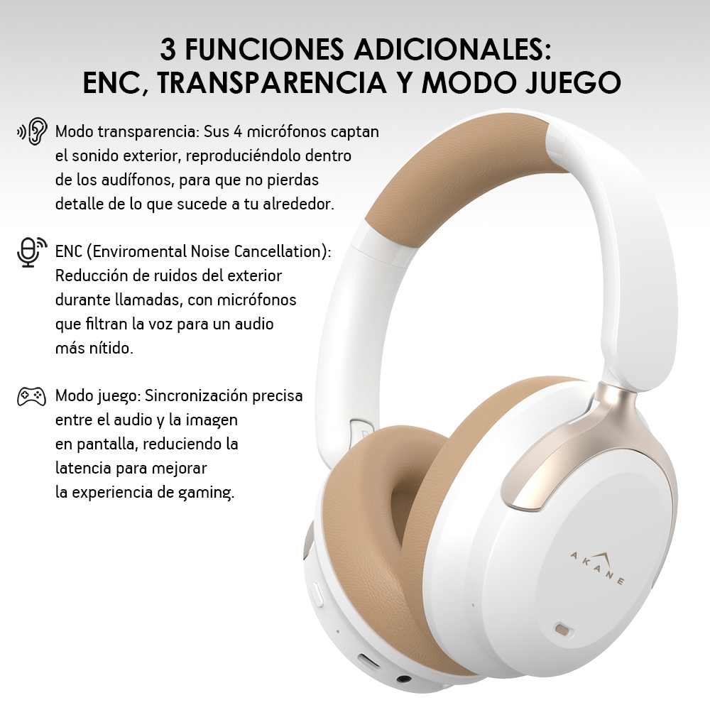 Foto 6 pulgar | Audífonos Inalámbricos De Diadema Bluetooth Con Cancelación De Ruido, Akane, Color Blanco