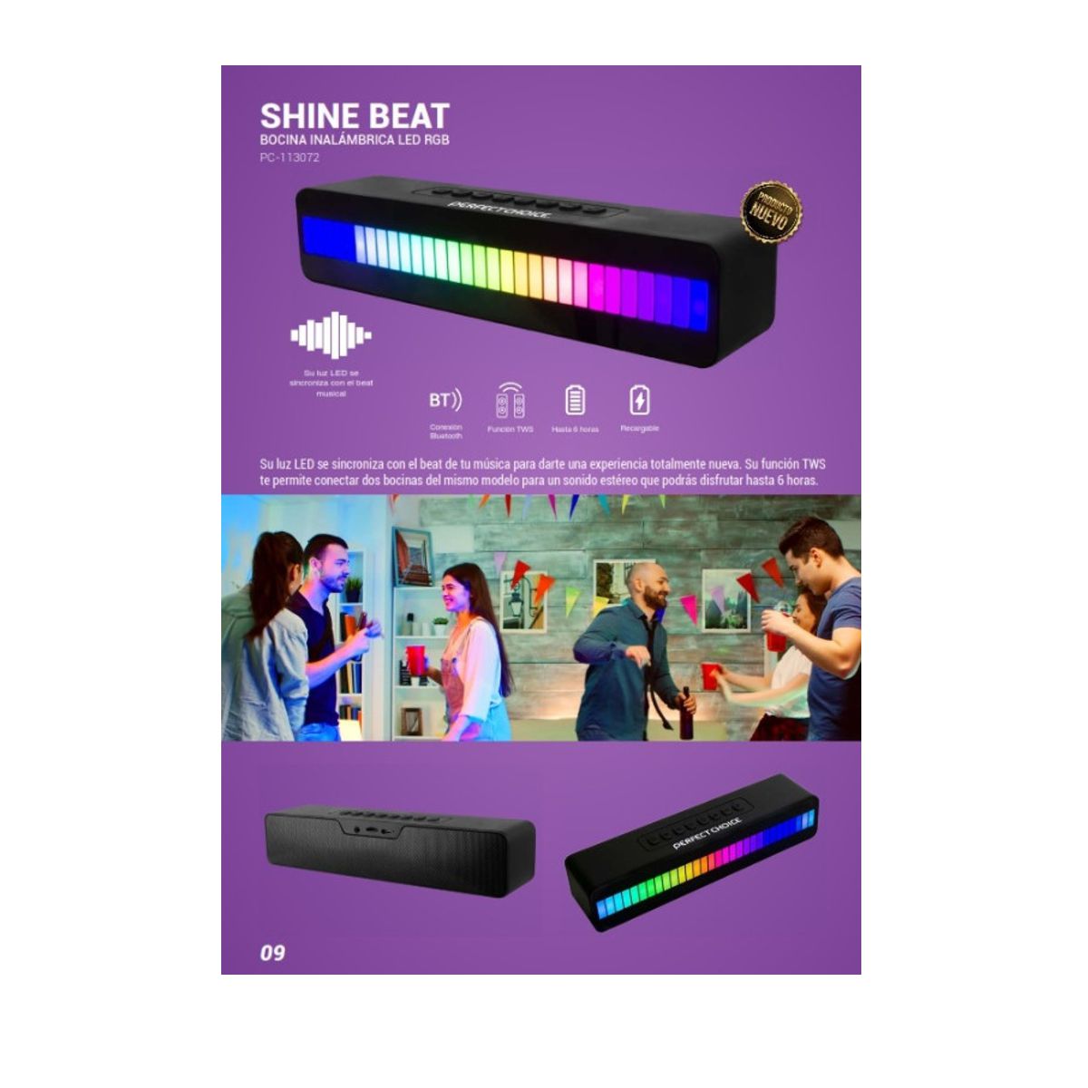 Foto 5 pulgar | Bocina Inalámbrica Perfect Choice PC-113072 color Negro LED RGB Shine Beat