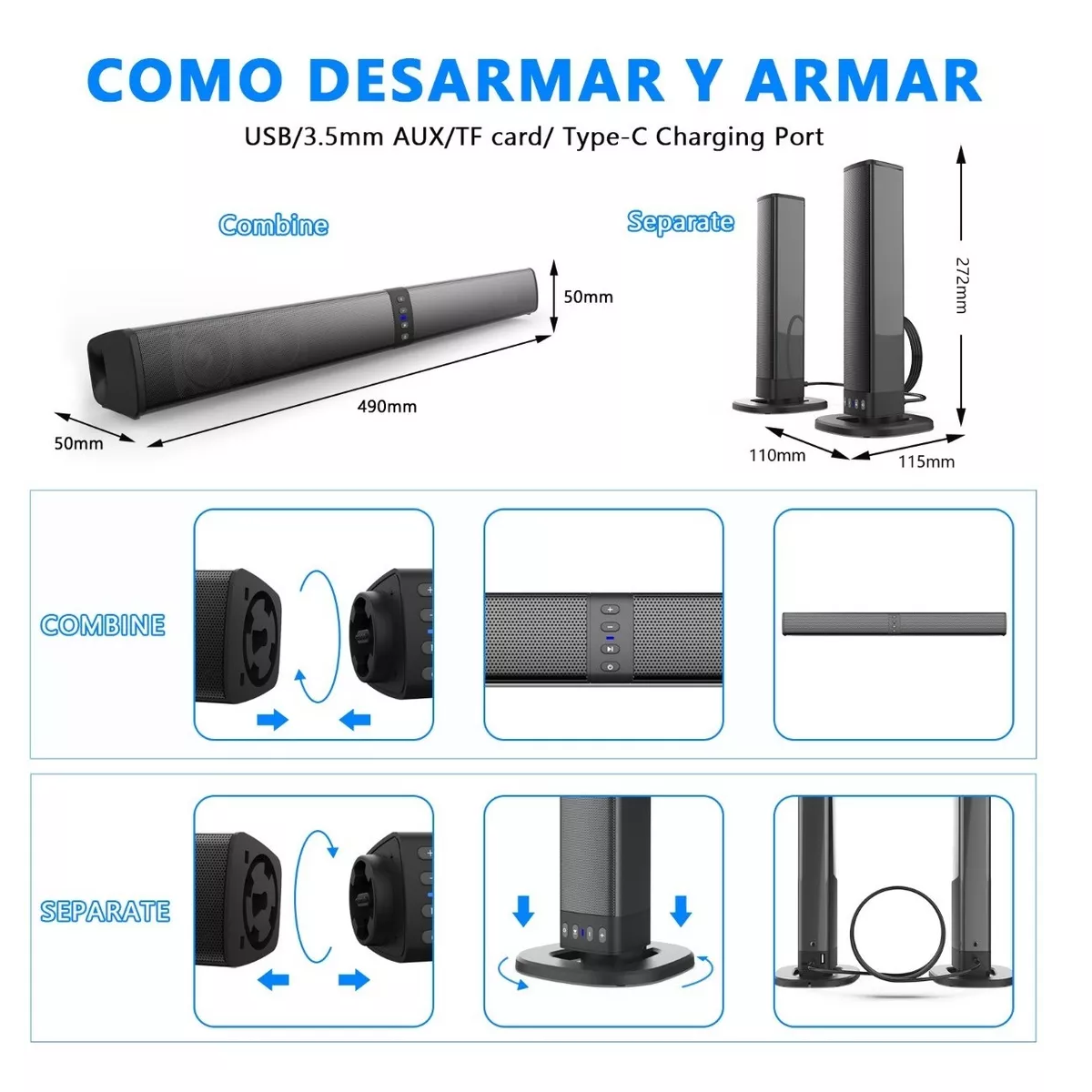 Foto 4 pulgar | Barra De Sonido Eleoption Desmontable Y Recargable Bluetooth Eo Safe Imports Esi-4217 color Negro