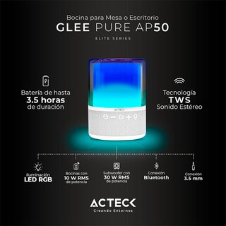 Foto 2 | Bocina Portatil Acteck Glee Pure Ap50 Inalámbrica Luz Led Tws Ac-936415 Blanco