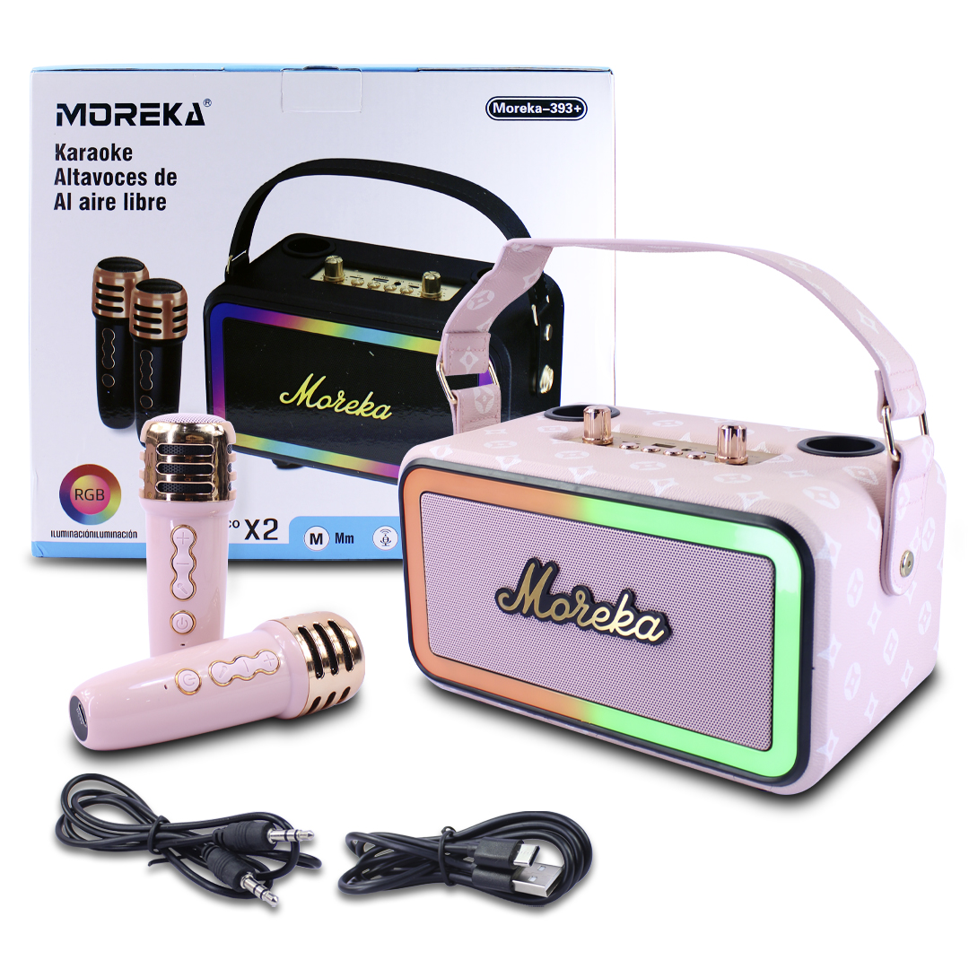 Bocina Karaoke Moreka Rosa Doble Micrófono 10w