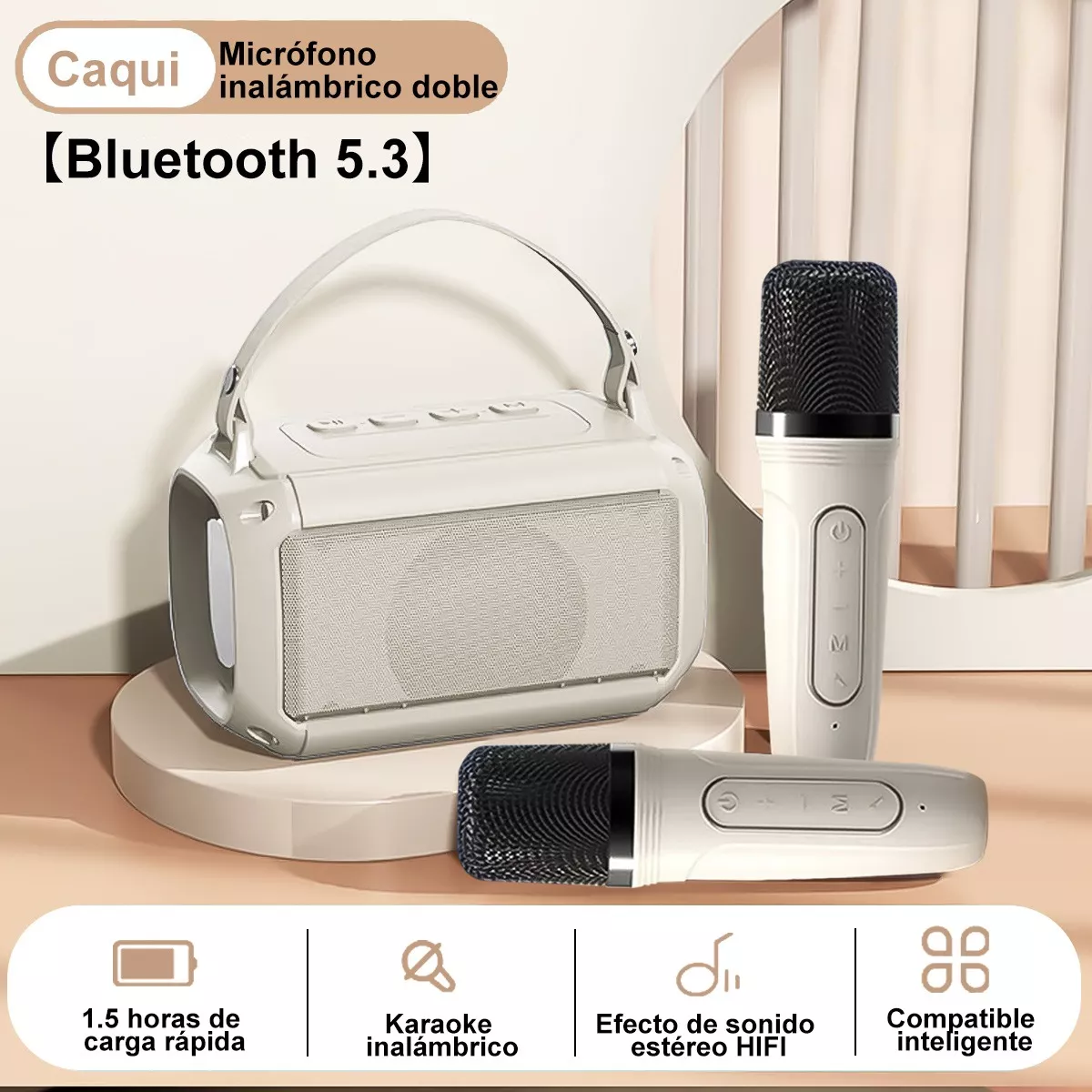 Foto 4 pulgar | Bocina Bluetooth de Karaoke con Dos Micrófonos Inalámbricos Eo Safe Imports Esi-13041 Beige