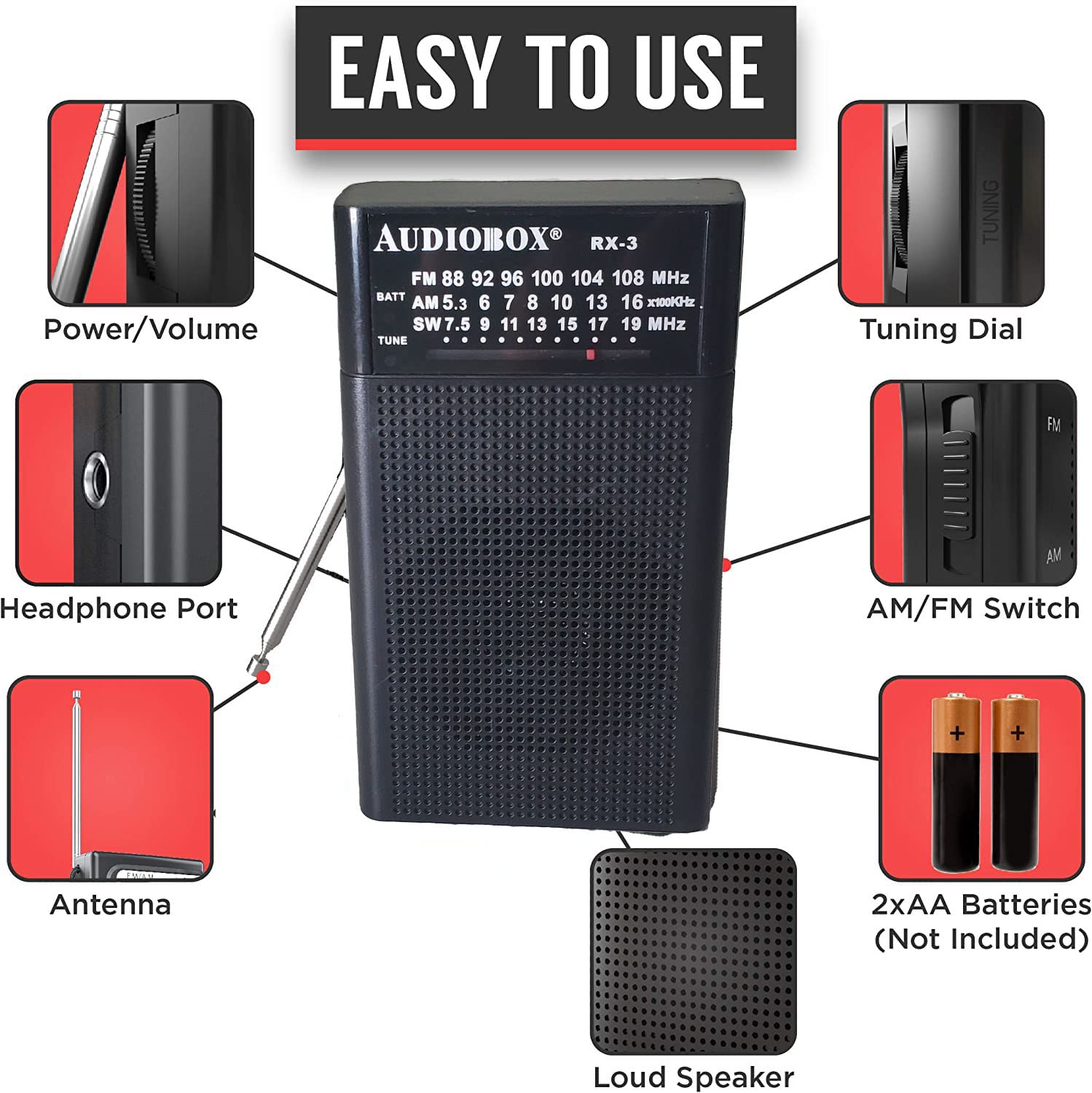 Foto 3 | Radio Portátil Audiobox Am/fm, Funciona Con Pilas Y Antena - Venta Internacional.