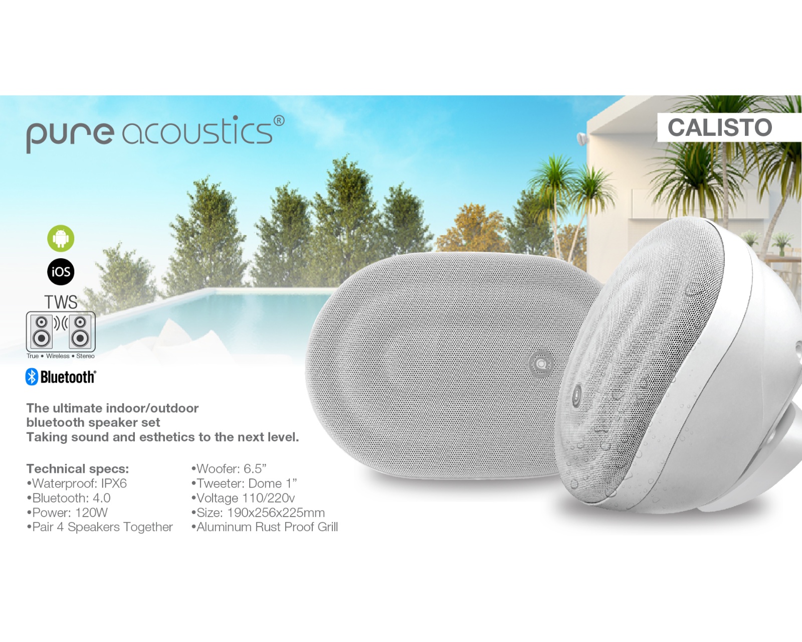 Foto 4 pulgar | Bocinas Activas de Exterior Inalámbricas Pure Acoustics Plug & Play IPX6 Bluethooth Calisto Blancas