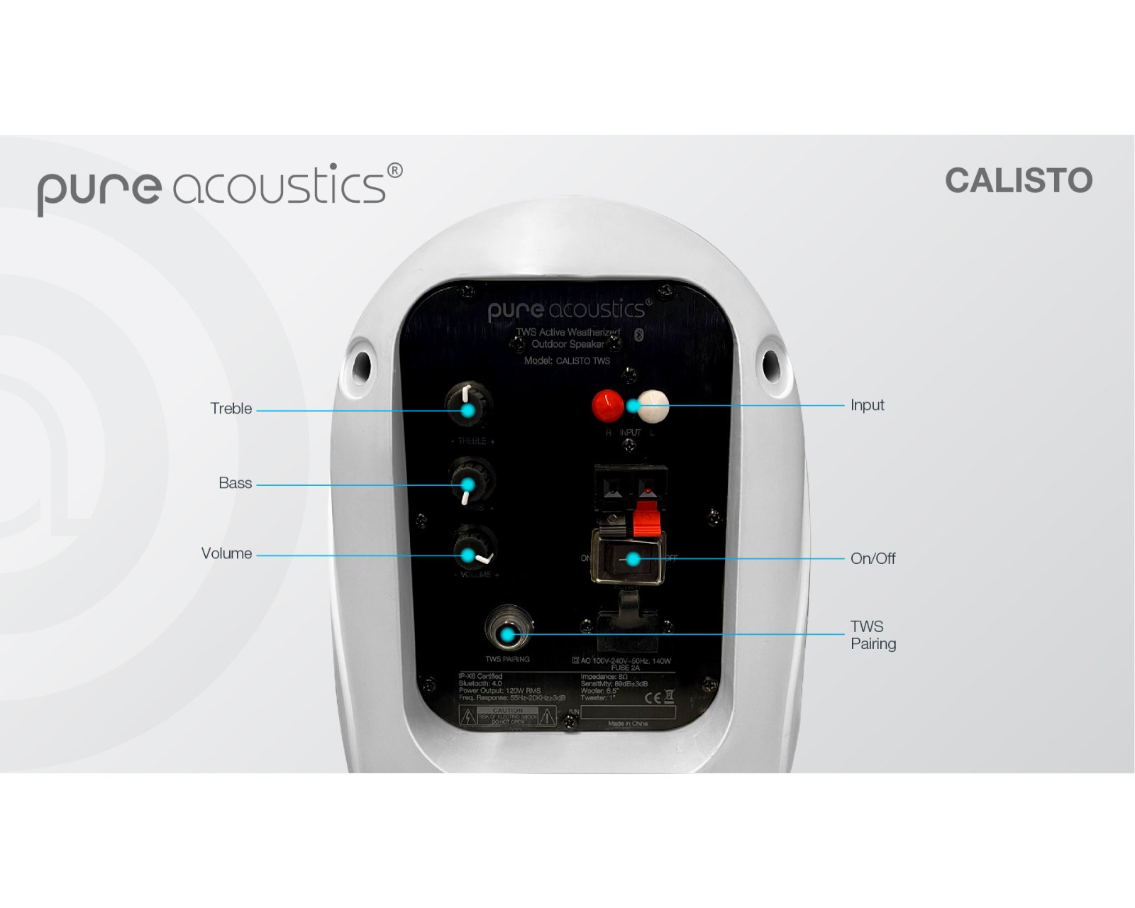 Foto 6 pulgar | Bocinas Activas de Exterior Inalámbricas Pure Acoustics Plug & Play IPX6 Bluethooth Calisto Blancas