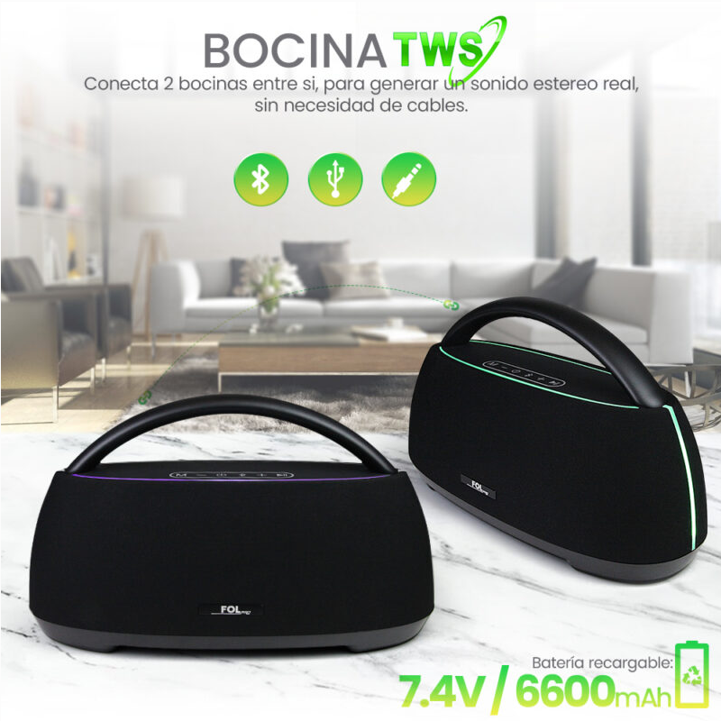 Foto 8 pulgar | Bocina Fol Inalámbrica Bluetooth Tws Portátil Recargable 90w Negro Con Rgb R215l