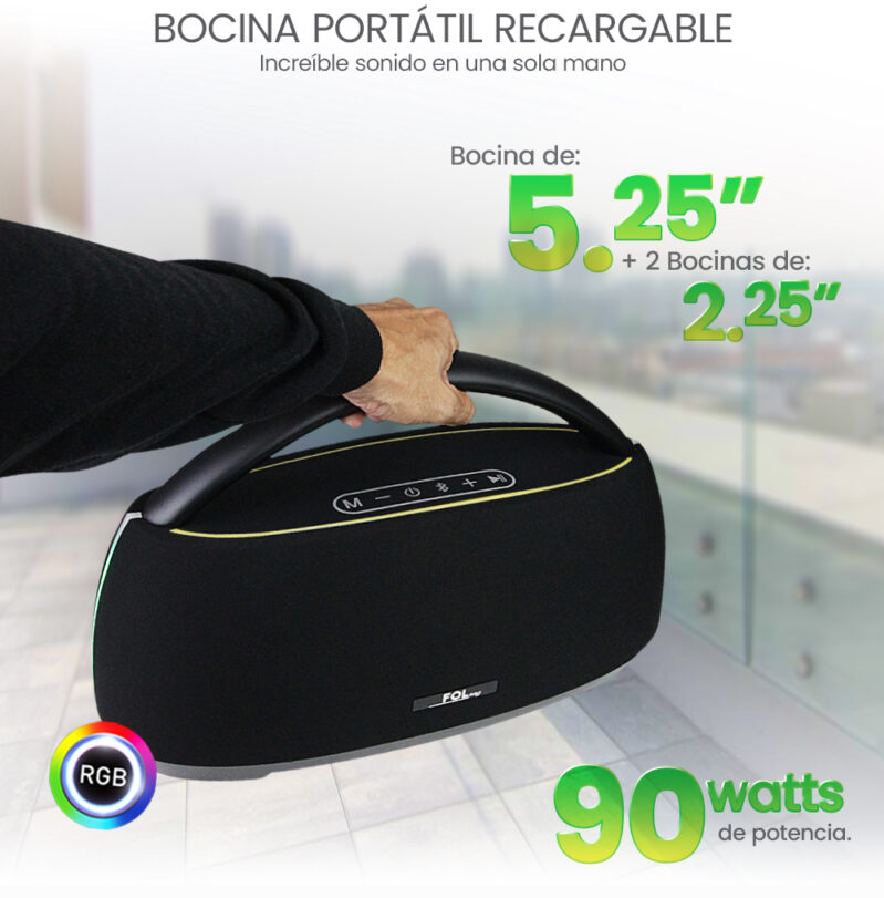 Foto 9 pulgar | Bocina Fol Inalámbrica Bluetooth Tws Portátil Recargable 90w Negro Con Rgb R215l