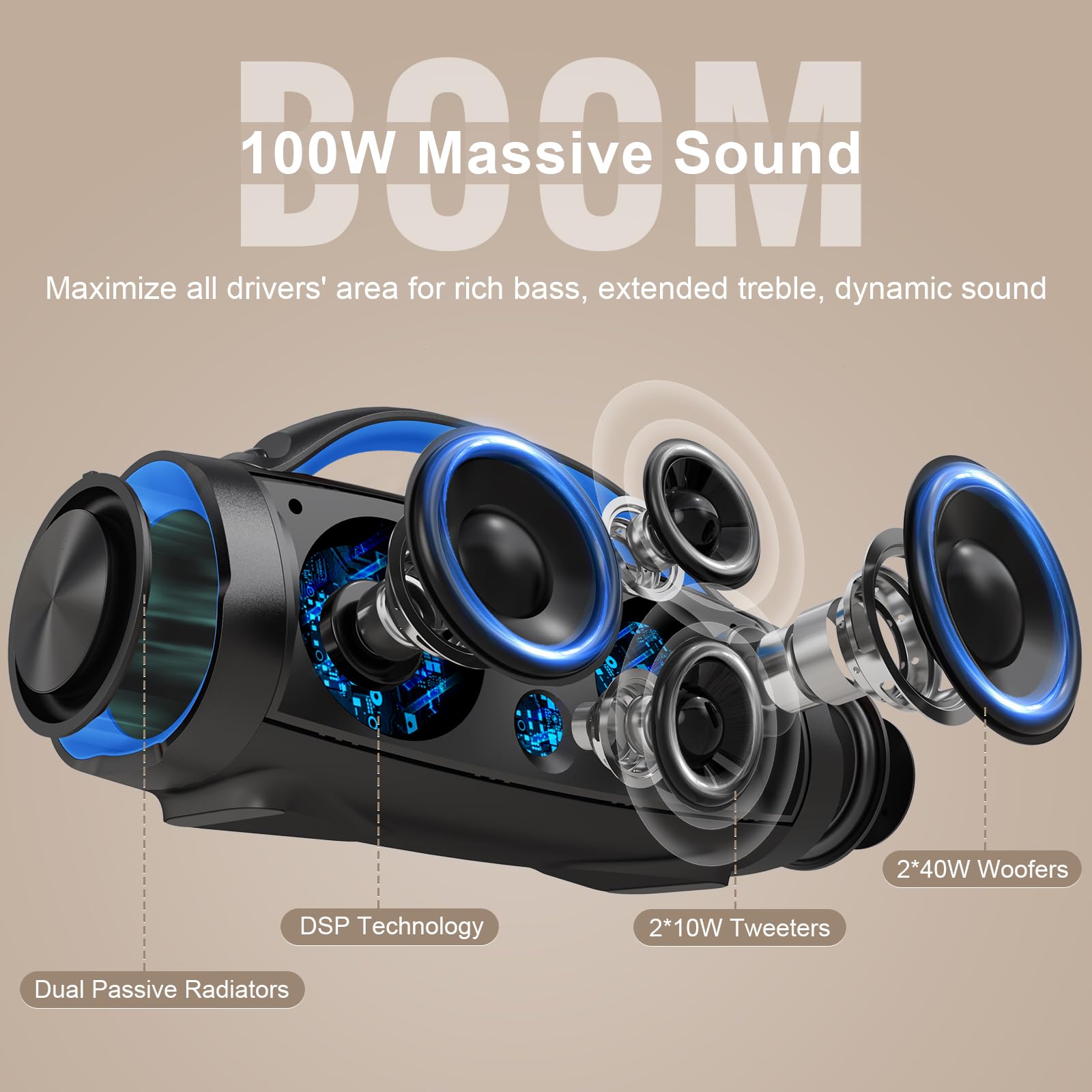 Foto 3 pulgar | Altavoz Bluetooth Doss Extreme Boom Pro 100w Estéreo Azul - Venta Internacional.