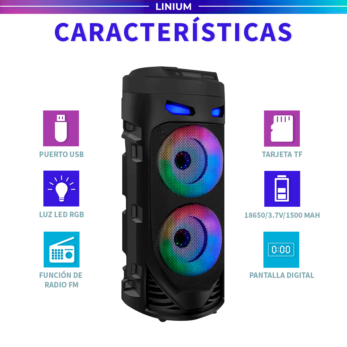 Foto 6 pulgar | Bocina Altavoz Bluetooth Linium  Portátil Luces Led Con Micrófono Negro