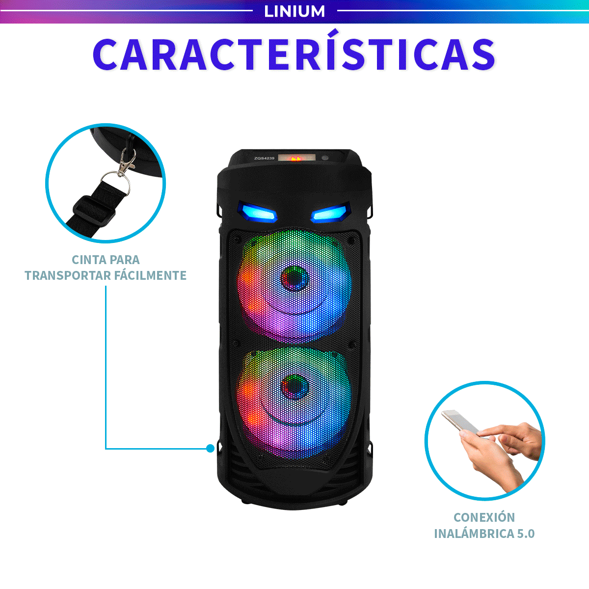 Foto 9 pulgar | Bocina Altavoz Bluetooth Linium  Portátil Luces Led Con Micrófono Negro