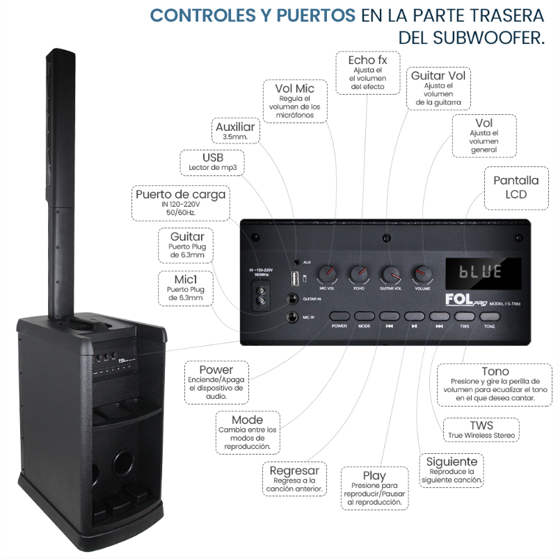 Foto 6 | Bocina Fol Torre De Sonido Bluetooth Inalámbrica Con 2 Micrófonos Inalámbricos 420 Watts