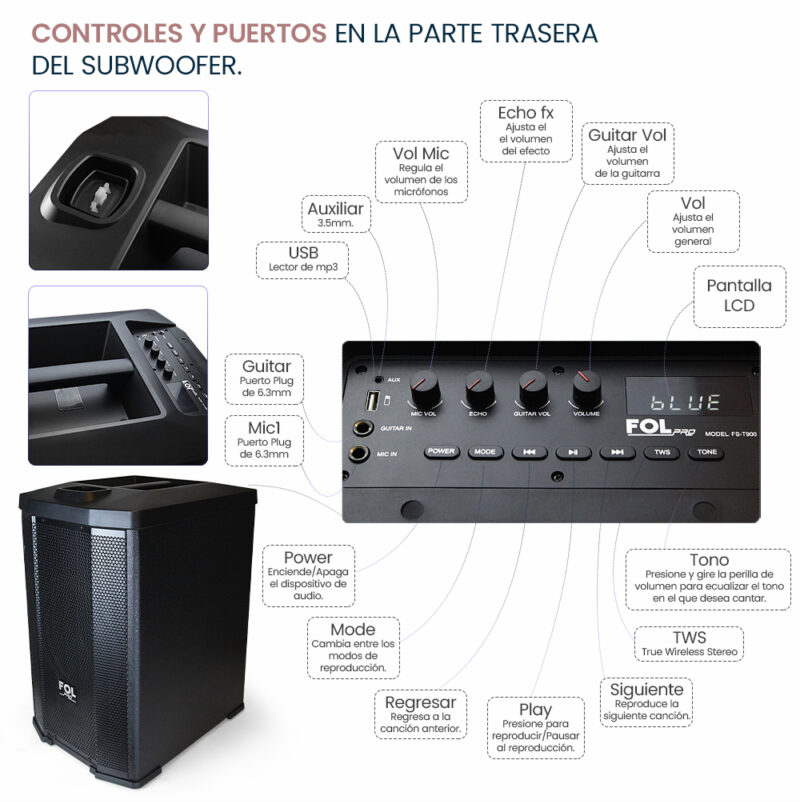 Foto 9 pulgar | Bocina Fol Torre De Sonido Bluetooth Tws 2 Micrófonos Inalambricos Fs-t900 Negro 900 Watts