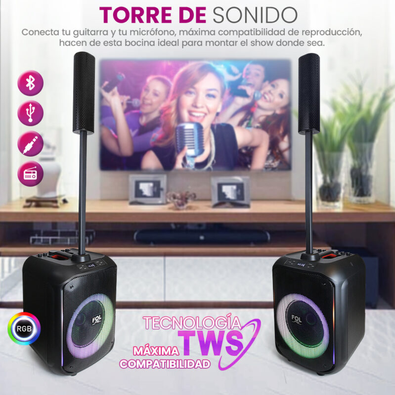 Foto 8 pulgar | Bocina  Fol Torre de Sonido Inalámbrica Portátil Bluetooth Tws Recargable Con Micrófono