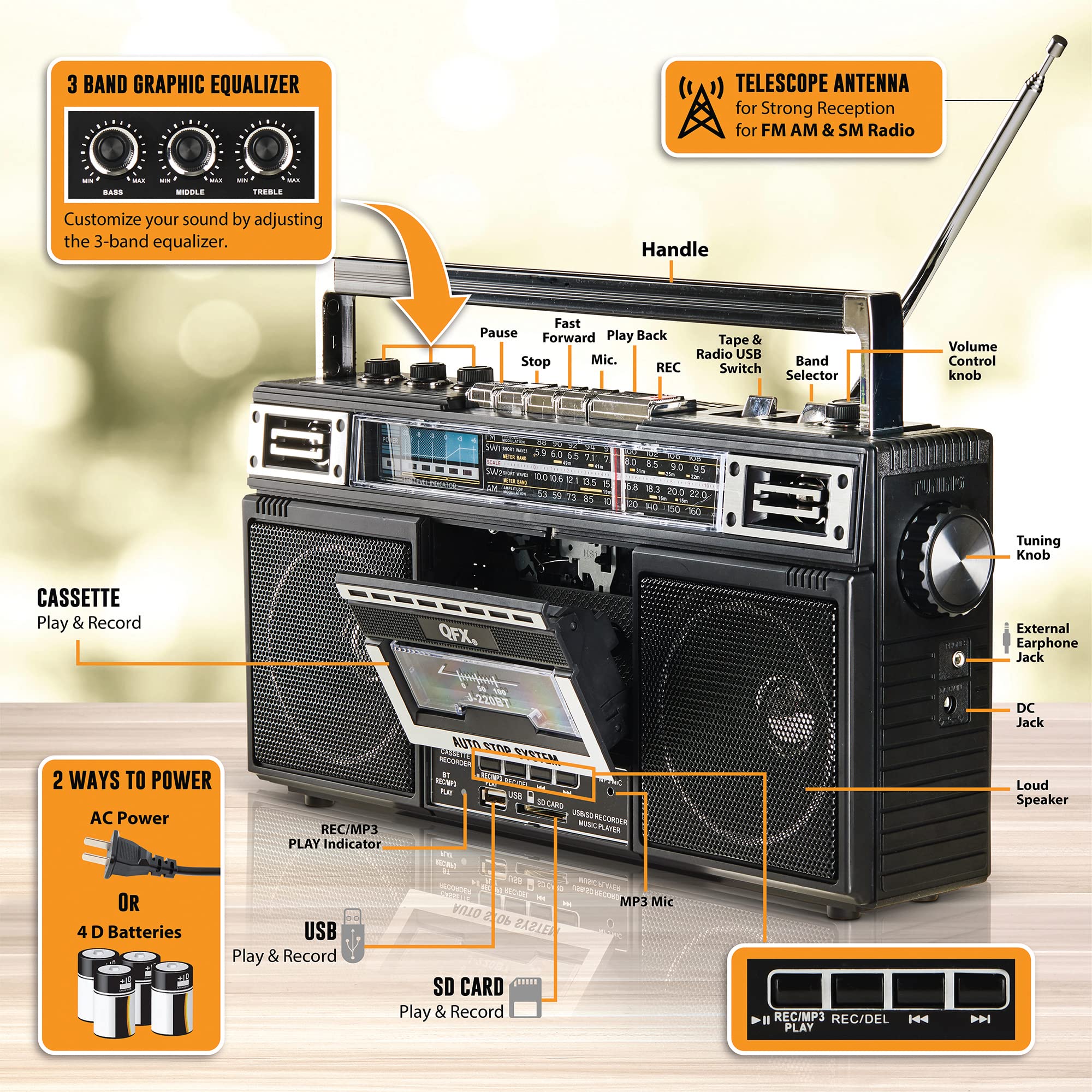 Foto 5 pulgar | Conversión De Mp3 Boombox Qfx J-220bt De Radio A Casete - Venta Internacional.