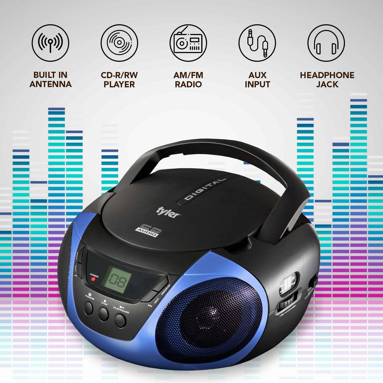 Foto 2 | Reproductor De Cd Portátil Boombox Radio Am/fm Tyler Blue - Venta Internacional.