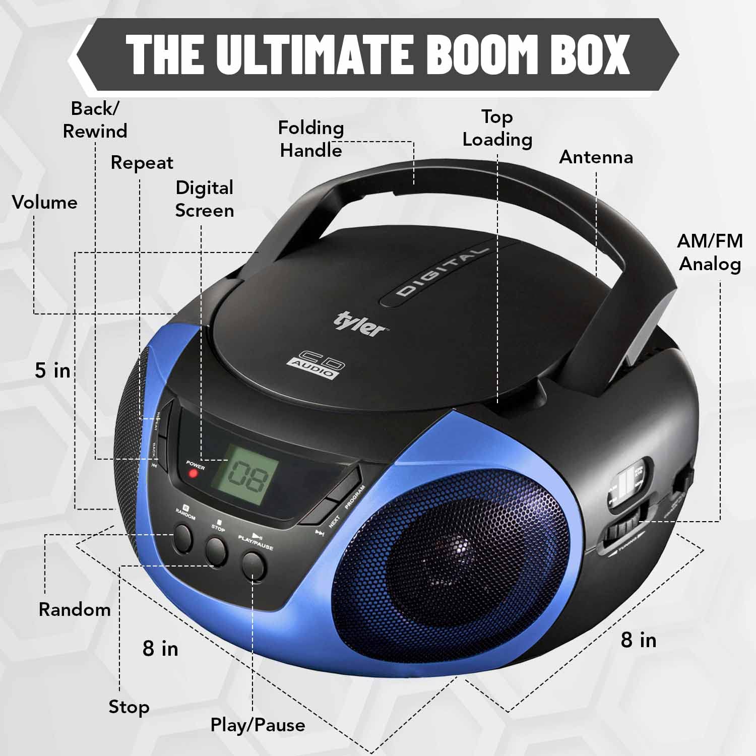 Foto 5 | Reproductor De Cd Portátil Boombox Radio Am/fm Tyler Blue - Venta Internacional.