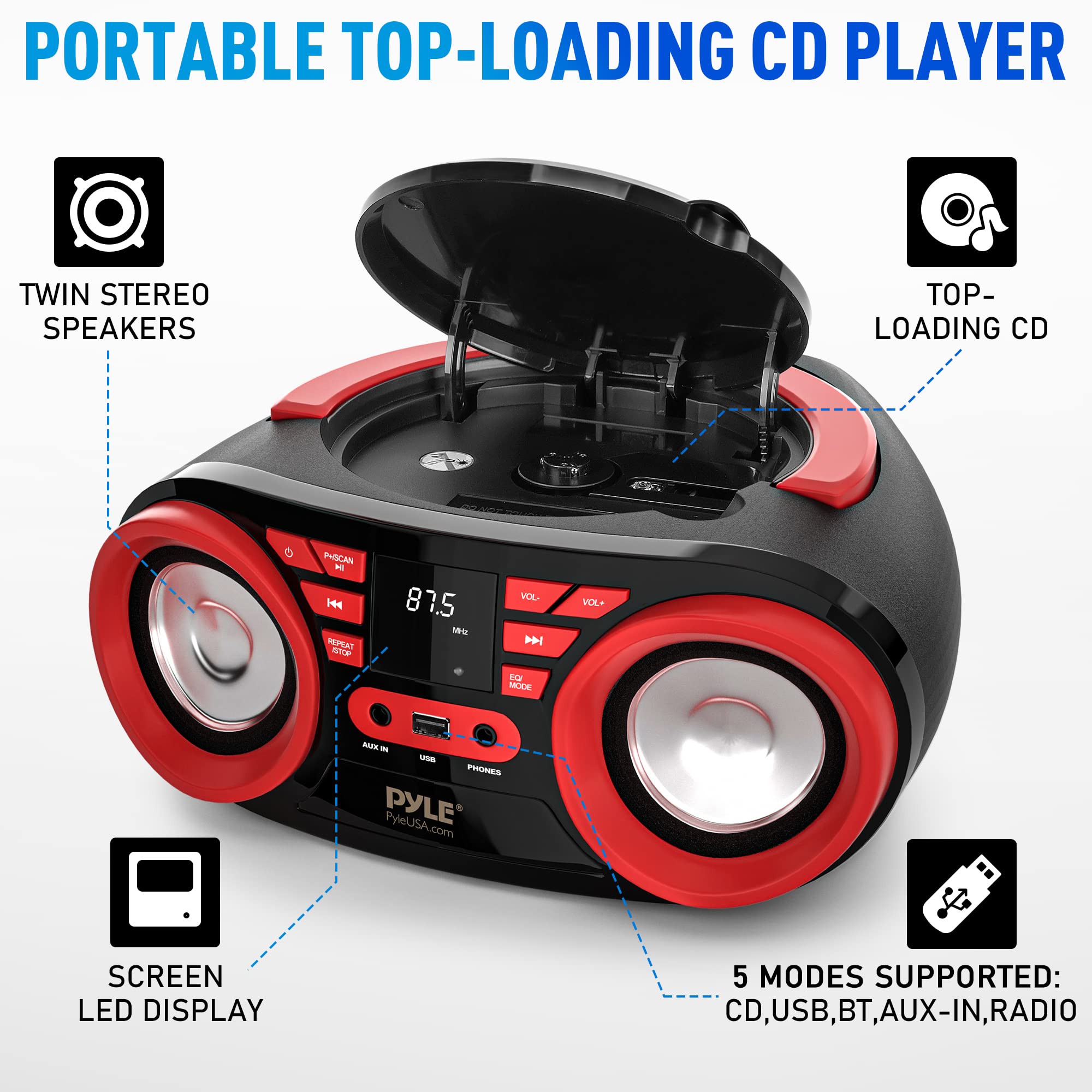 Foto 3 pulgar | Reproductor De Cd Portátil Pyle 50 W De Potencia Máxima Bluetooth Usb Aux - Venta Internacional.