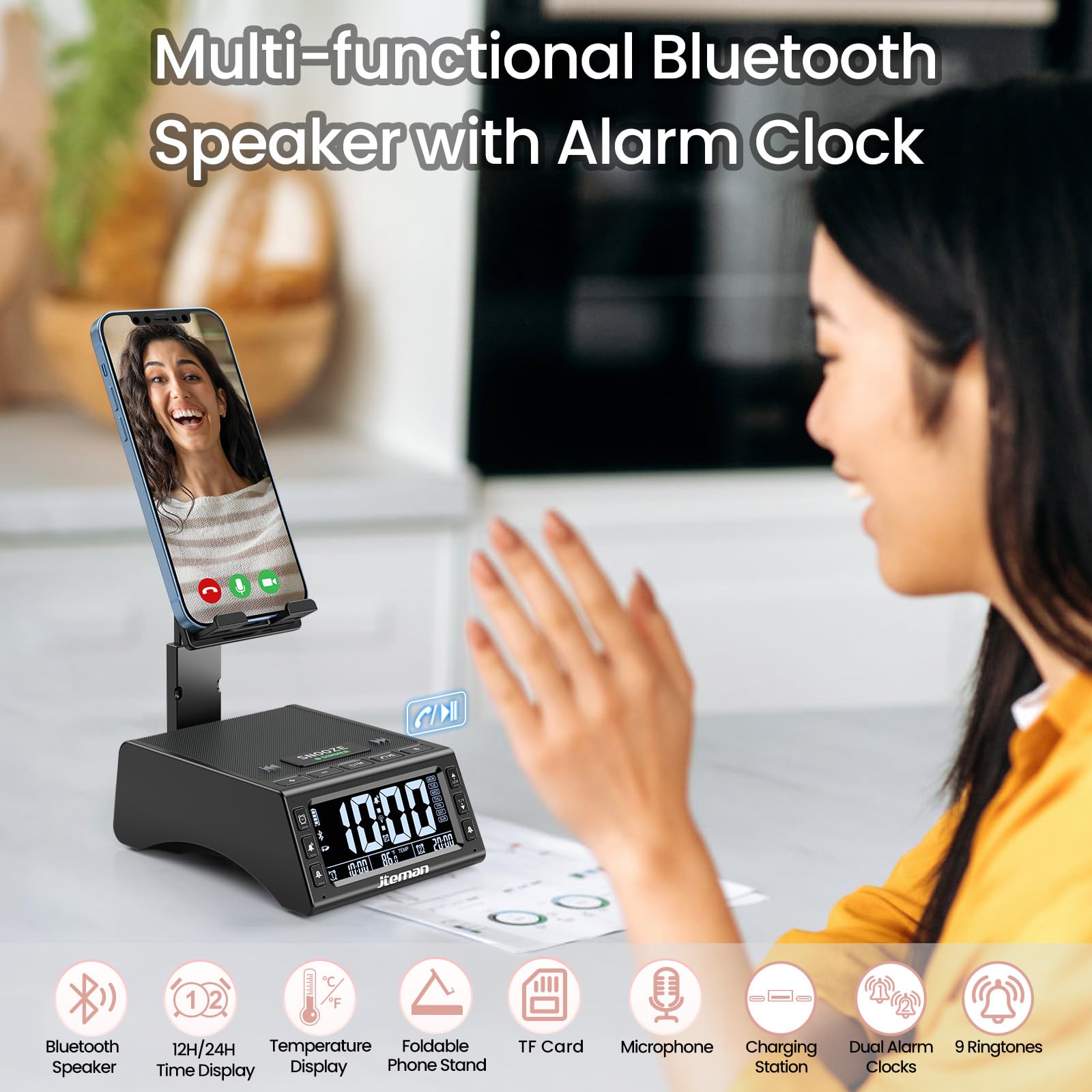 Foto 3 pulgar | Reloj Despertador Inalámbrico Con Altavoz Bluetooth Jteman Negro - Venta Internacional.