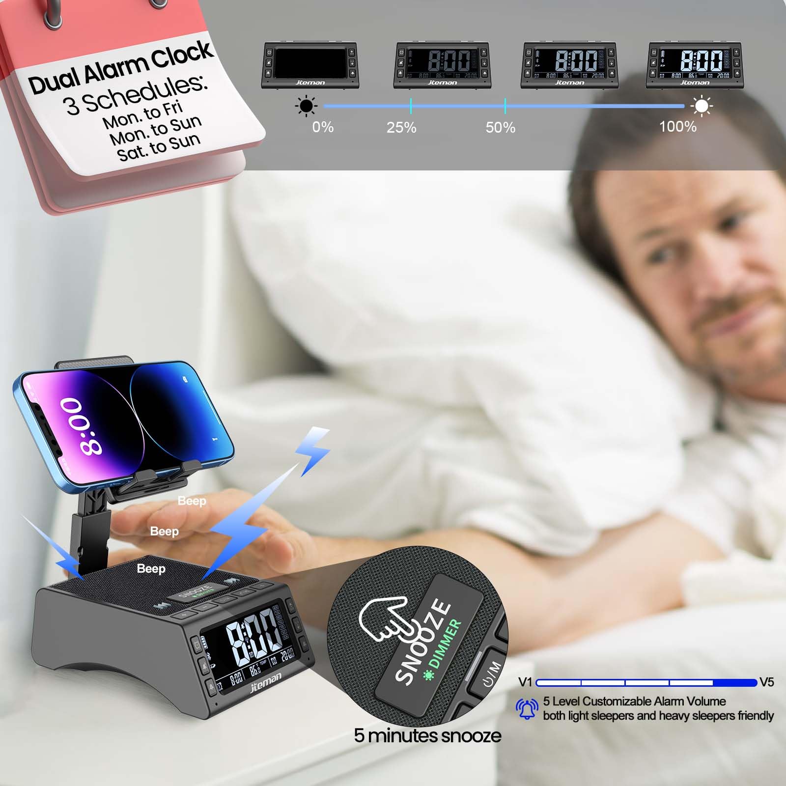 Foto 4 pulgar | Reloj Despertador Inalámbrico Con Altavoz Bluetooth Jteman Negro - Venta Internacional.