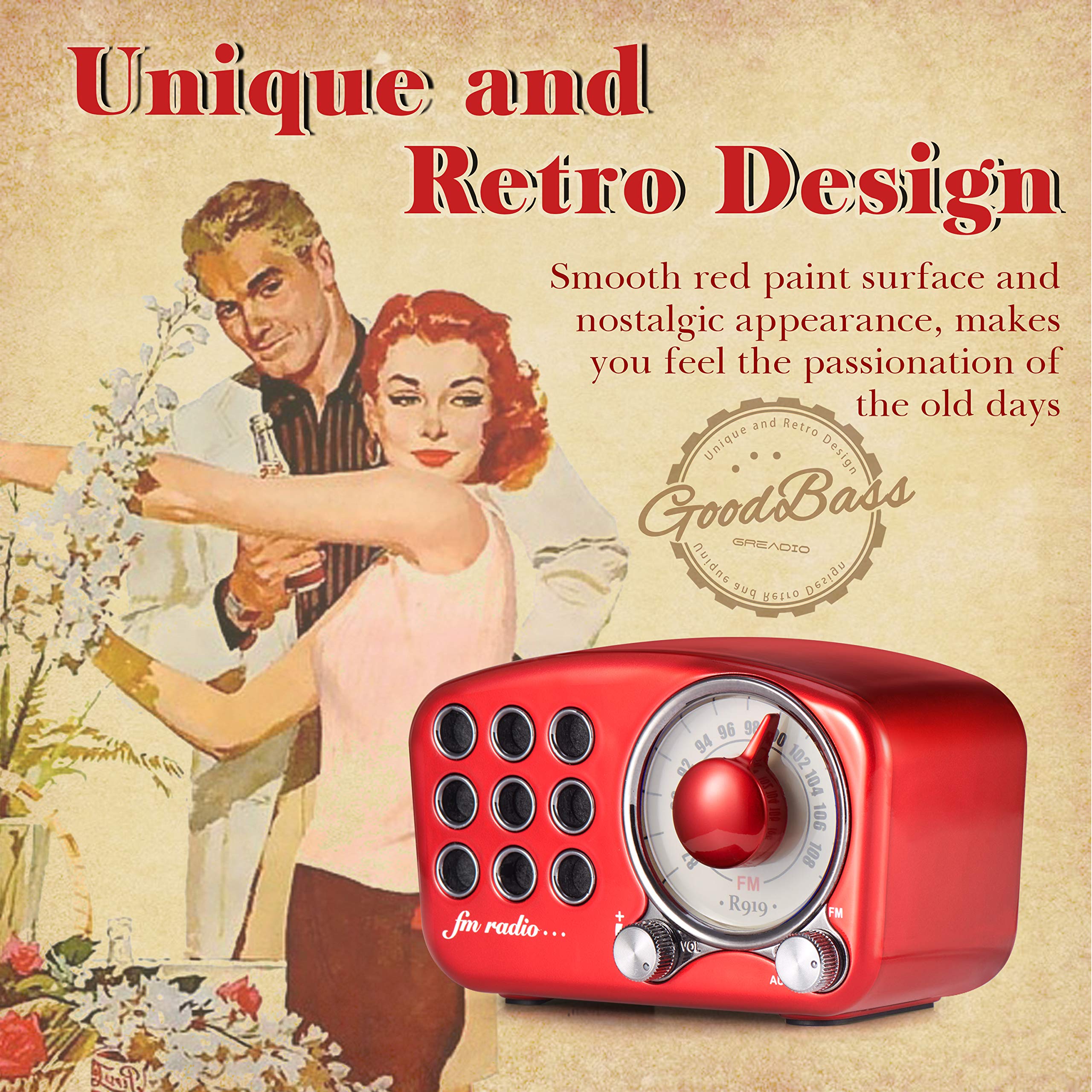 Foto 3 | Altavoz Bluetooth Greadio Retro Vintage Radio Fm Rojo - Venta Internacional.