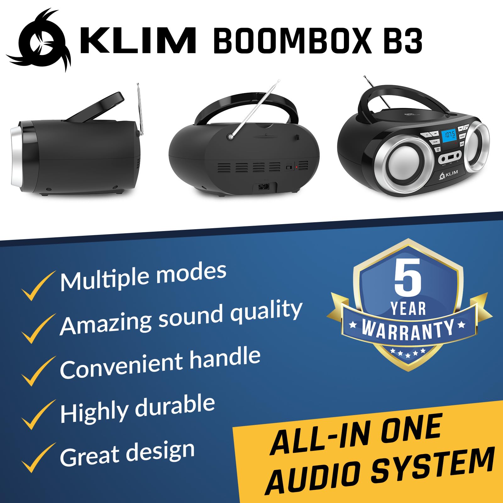Foto 3 pulgar | Reproductor De Cd Portátil Boombox Klim B3 Con Radio Fm, Bluetooth - Venta Internacional.