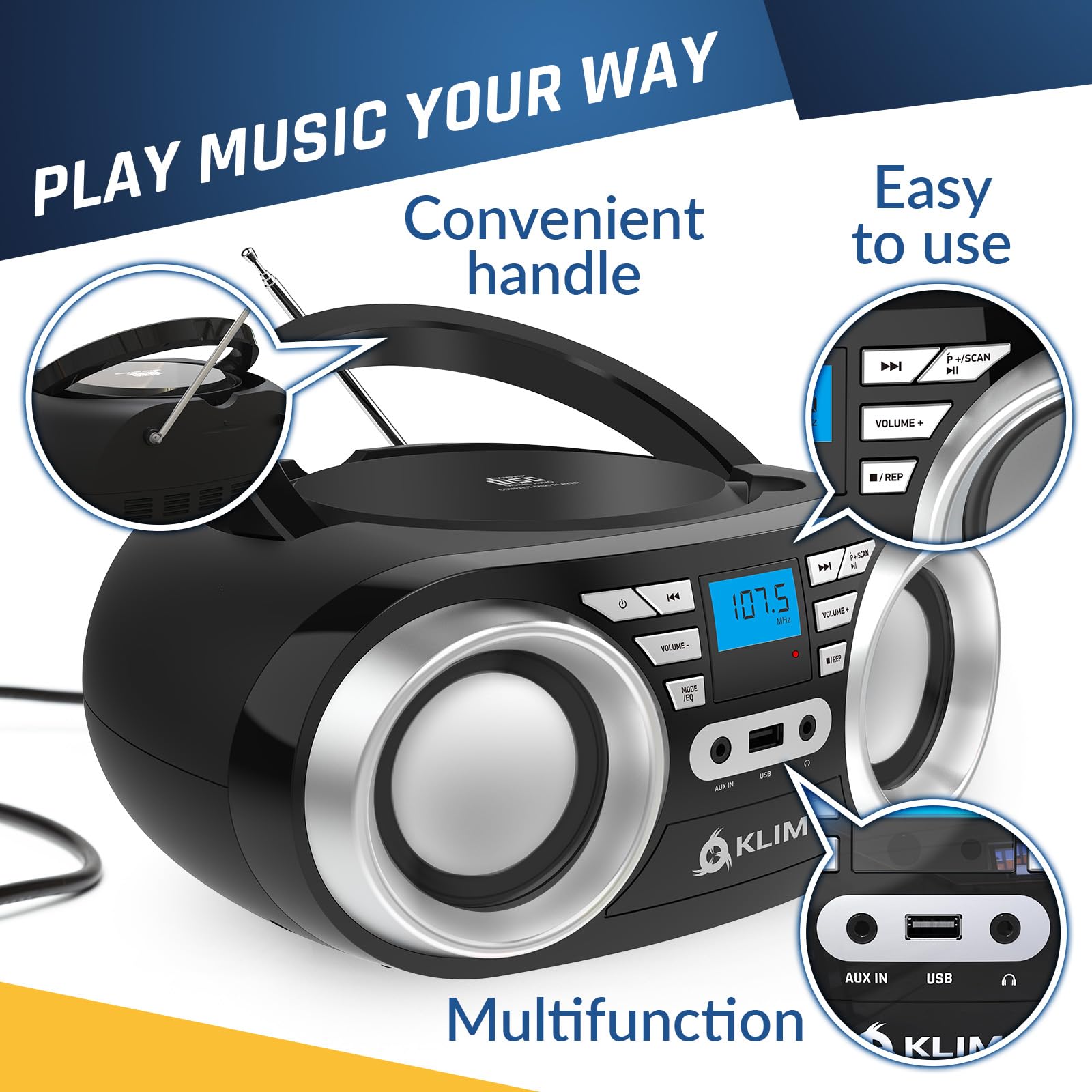 Foto 7 pulgar | Reproductor De Cd Portátil Boombox Klim B3 Con Radio Fm, Bluetooth - Venta Internacional.